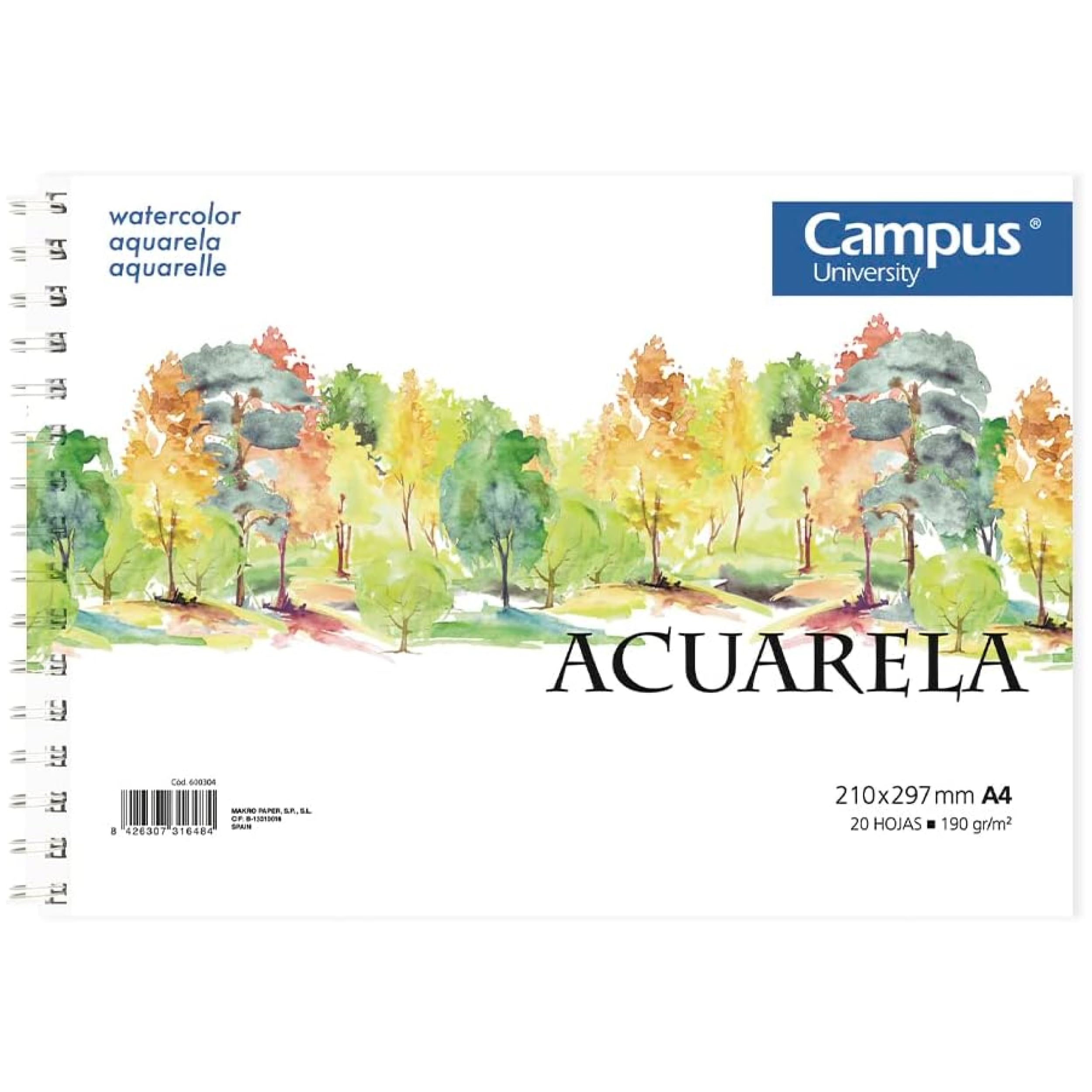 Campus University - Bloc de Dibujo A4 Papel de Acuarela con Espiral 20 Hojas 190 gramos en Blanco para Acuarela, Aguada, Témperas
