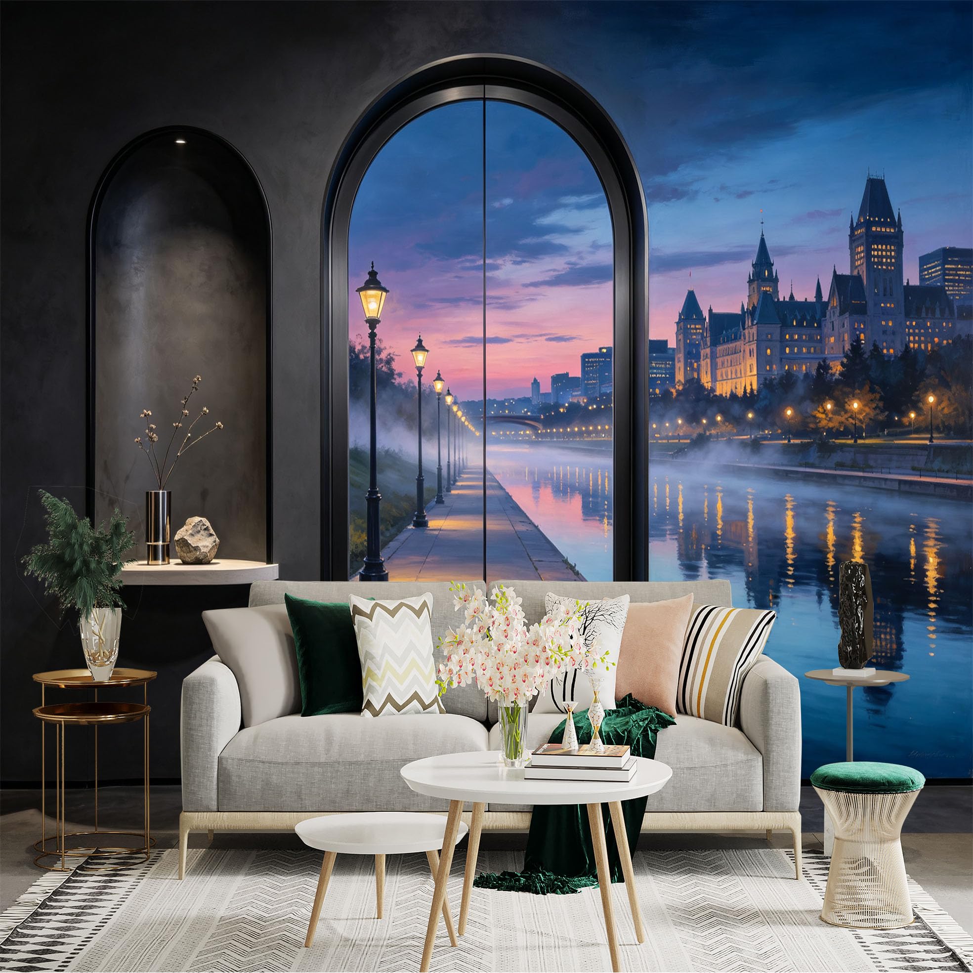 Custom Size Wall Sticker Mural， Riverside Cityscape at Twilight with Street Lamps and Reflection， for wall Decoration， peelandstick wall Decals.