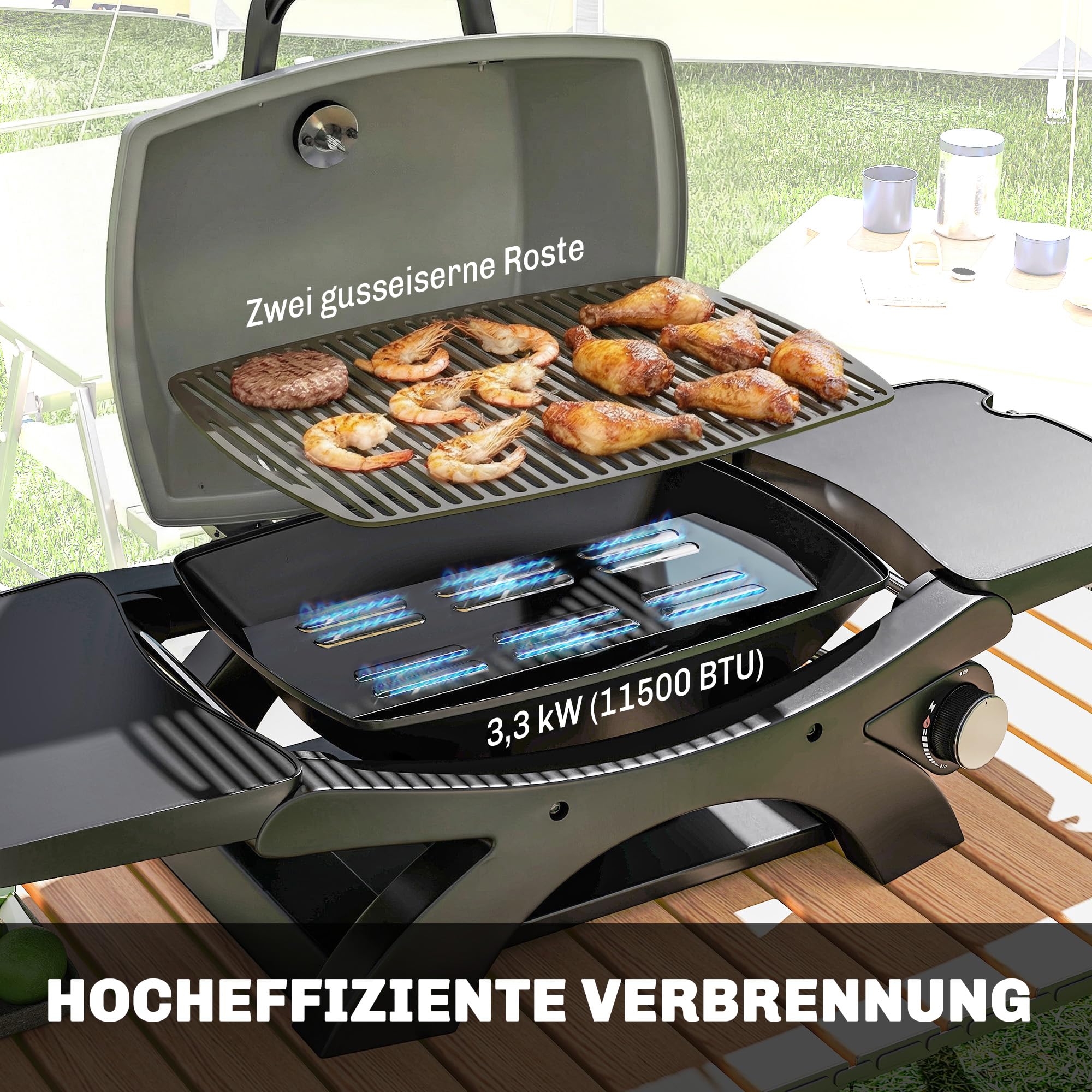 Outsunny Barbecue a gas da 3,3 KW portatile da tavolo con 1 bruciatore, pieghevole, tavoli laterali in ghisa, griglia estraibile, vassoio raccogli grasso, termometro, griglia a gas da tavolo, barbecue