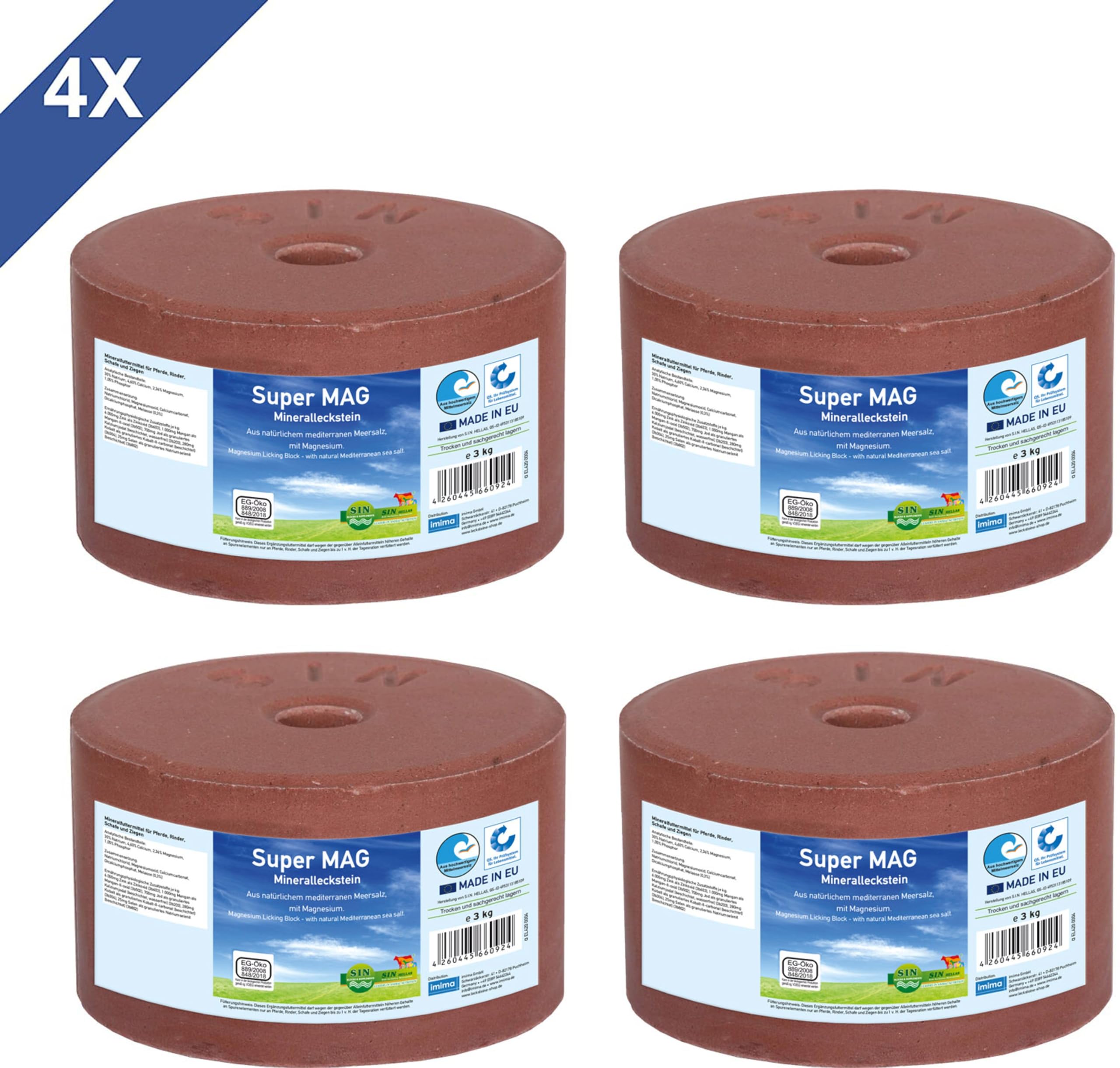 Mineral Lick Horse SuperMAG Salt Lick Set 4 x 3kg - Pietre per leccare il sale per cavalli, pecore, capre, selvaggina e bovini - Pietra minerale per leccare il sale