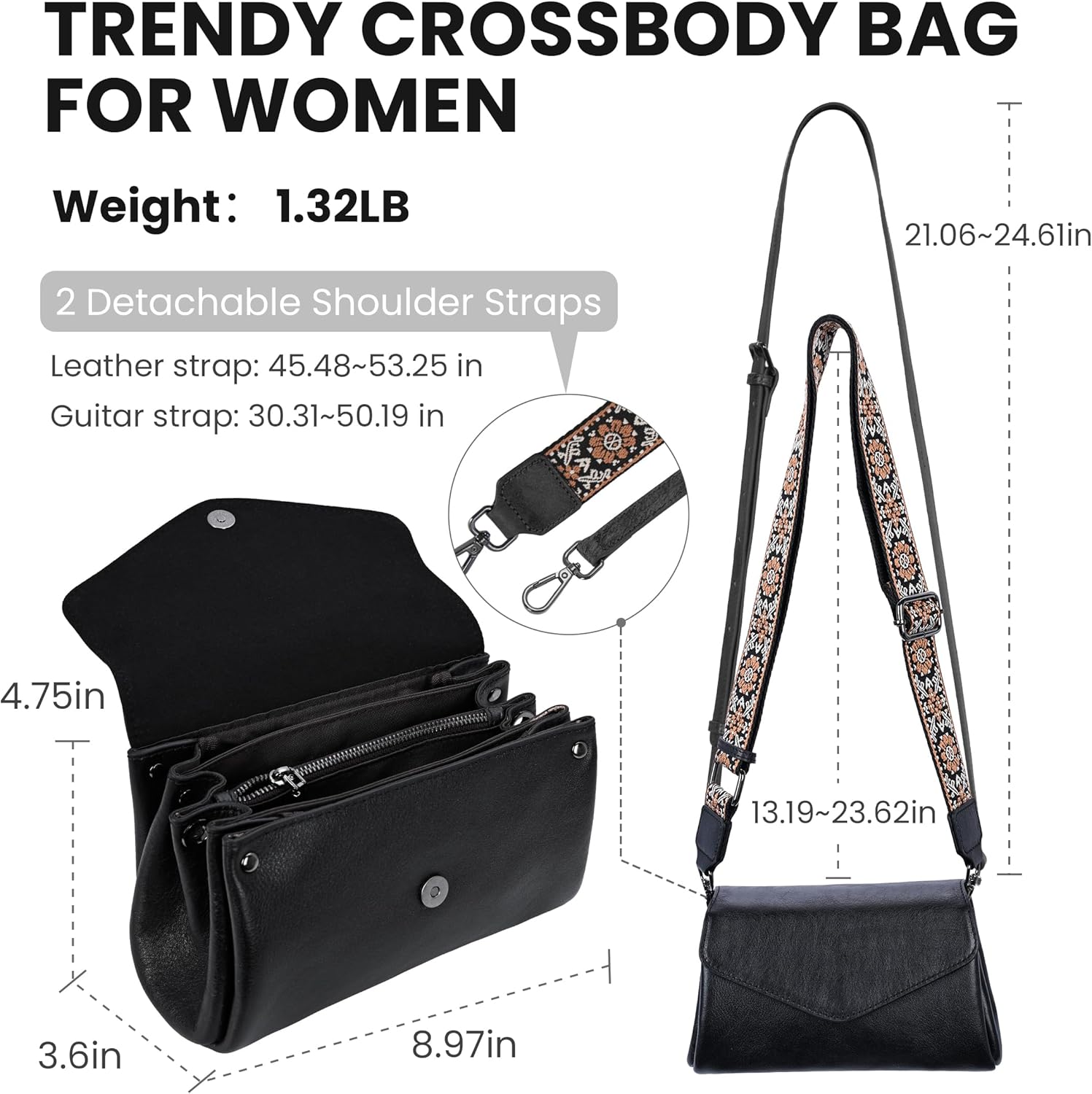 HESHE Leather Crossbody Bags for Women Shoulder Handbags Satchel Purses Lightweight Functional Bags with 2 Adjustable Strap - Image 4