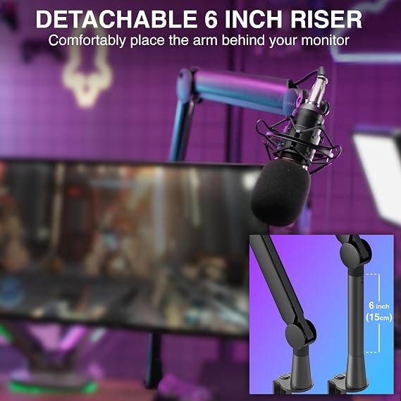 Sensic SA-30 Microphone Boom Arm, 360 Rotatable Mic Stand with 6 inch riser, Microphone Holder with 1/4, 3/8 and 5/8 Adapters, Professional Microphone Arm with Accessories, Mic Boom Arm Black