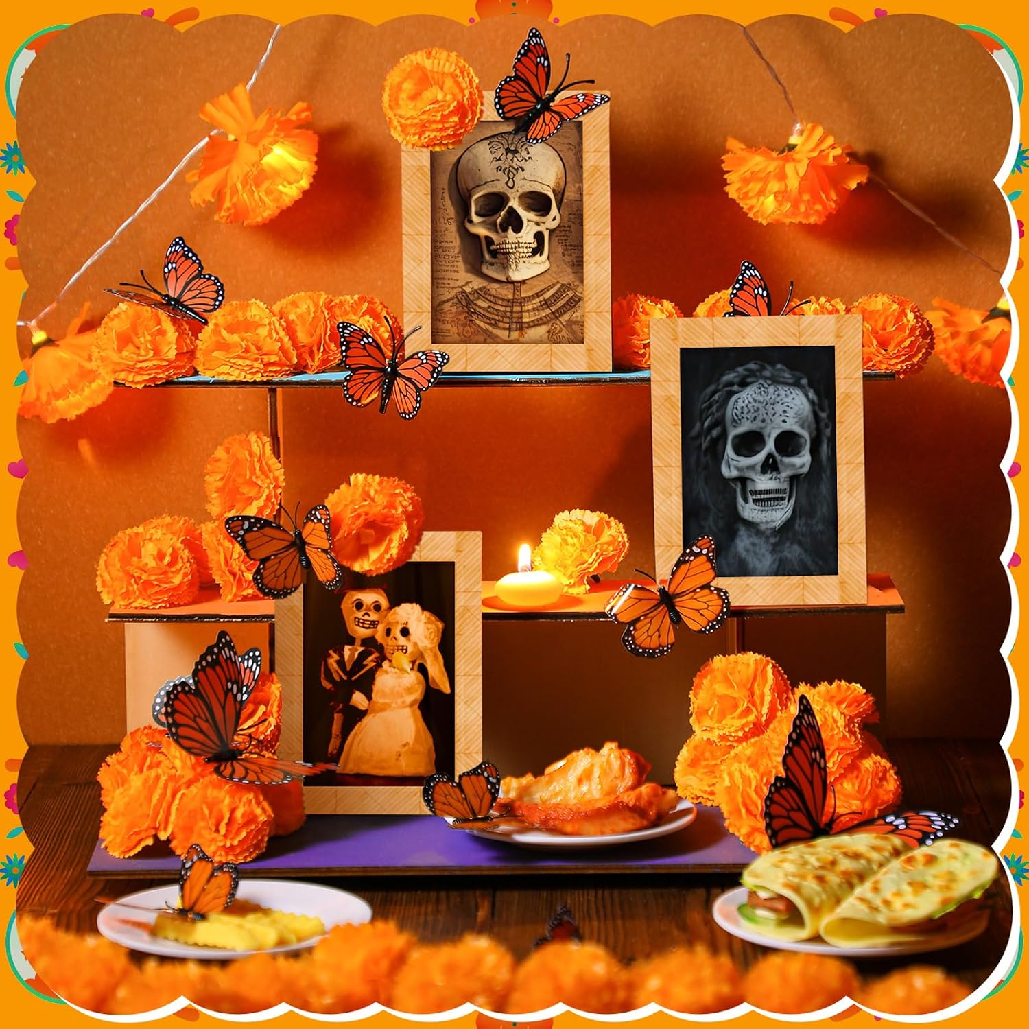 Colingmill 34 Pcs Dia De Los Muertos Decorations Day of the Dead Altar Kit Dia De Los Muertos Altar Ofrenda Shadow Box Wooden Included 6 Inch Marigold Garland with Light Flower Butterfly (Cute)
