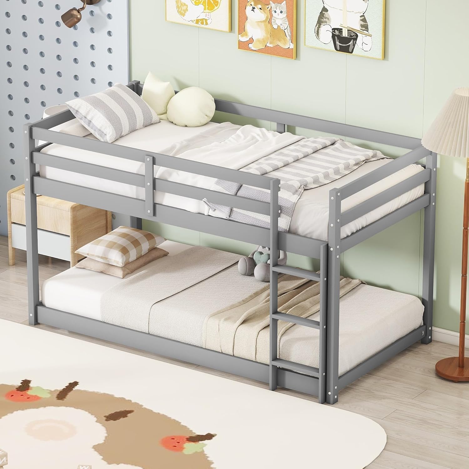 Harper & Bright Designs Low Bunk Bed Twin Over Twin, Wood Twin Kids Bunk Bed with Ladder, Floor Bunk Bed Frame for Boys, Girls, No Box Spring Needed, Easy Assembly, Grey