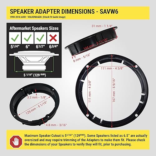 Miniatura 3 de Scosche SAVW6 - Adaptadores de altavoz de 5.25 a 6.5 pulgadas compatibles con vehículos Audi y VW 1998-2018 seleccionados  5 14 pulgadas a 6 12