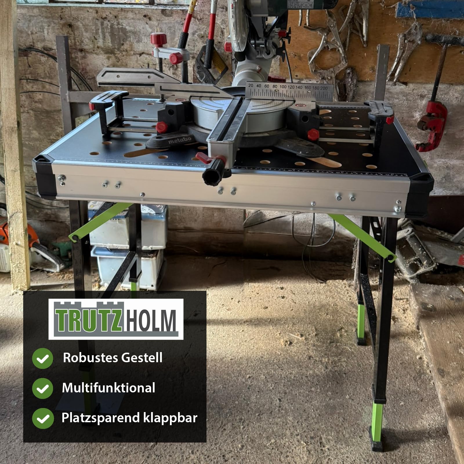 TRUTZHOLM 2 x Werkbank Multifunktionstisch Spanntisch 60 x 85 cm klappbar höhenverstellbar 73–90 cm Arbeitstisch mit Messskala, 450 Kg, 20mm Lochrastersystem, Werkzeugboxen, Schnellspannern