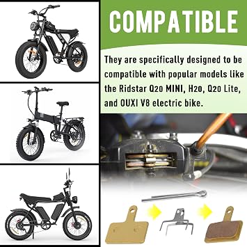 4-Pairs Pack Semi-Metallic E-Bike Brake Pads-Compatible with Ridstar Q20 MINI/H20/Q20 Lite & OUXI V8 Electric Bikes, Front/Rear Disc Brake Pads Kit for Smooth, Low-Noise Braking and Easy Installation