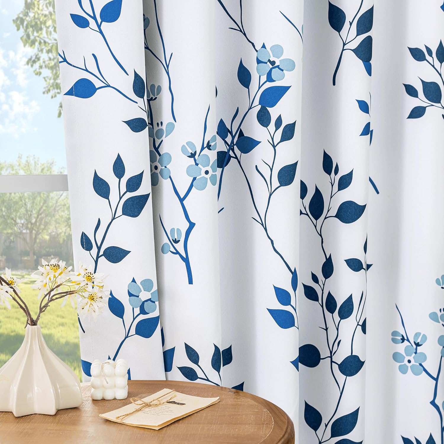 Beauoop Floral 100% Blackout Curtains 84 Inches Long 2 Panels for Bedroom Living Room Navy Blue and White Flower Patterned Room Darkening Thermal Soundproof Grommet Window Treatments Drapes, 52X84 - Image 6