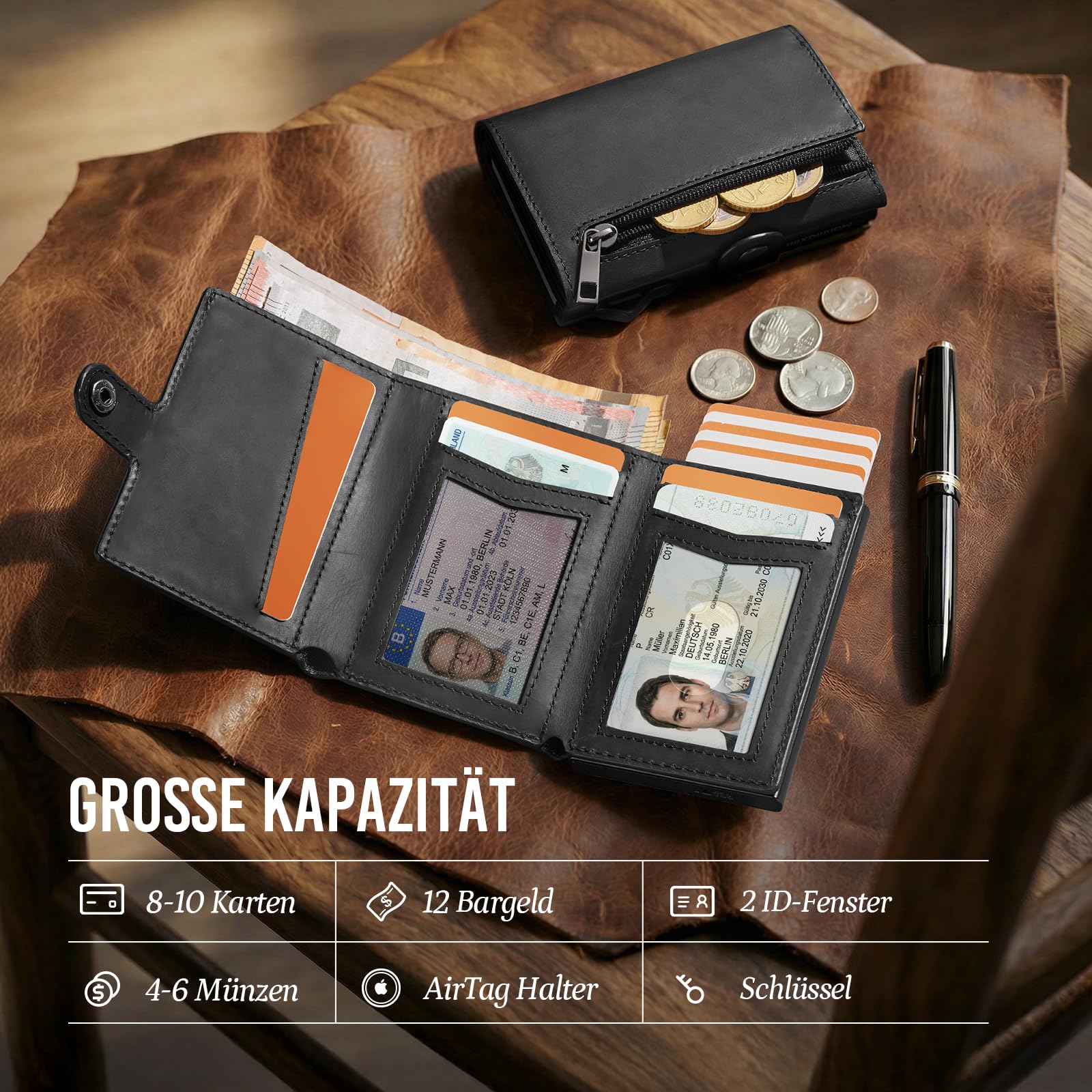 YESIIW Geldbörse Herren Echt Leder mit AirTag Fach – RFID Portmonee Herren AirTag mit Pop-Up Kartenetui für 10 Karten & 2 Ausweise, Smart Wallet mit Münzfach, für Alltag, Reise & Büro, Schwarz