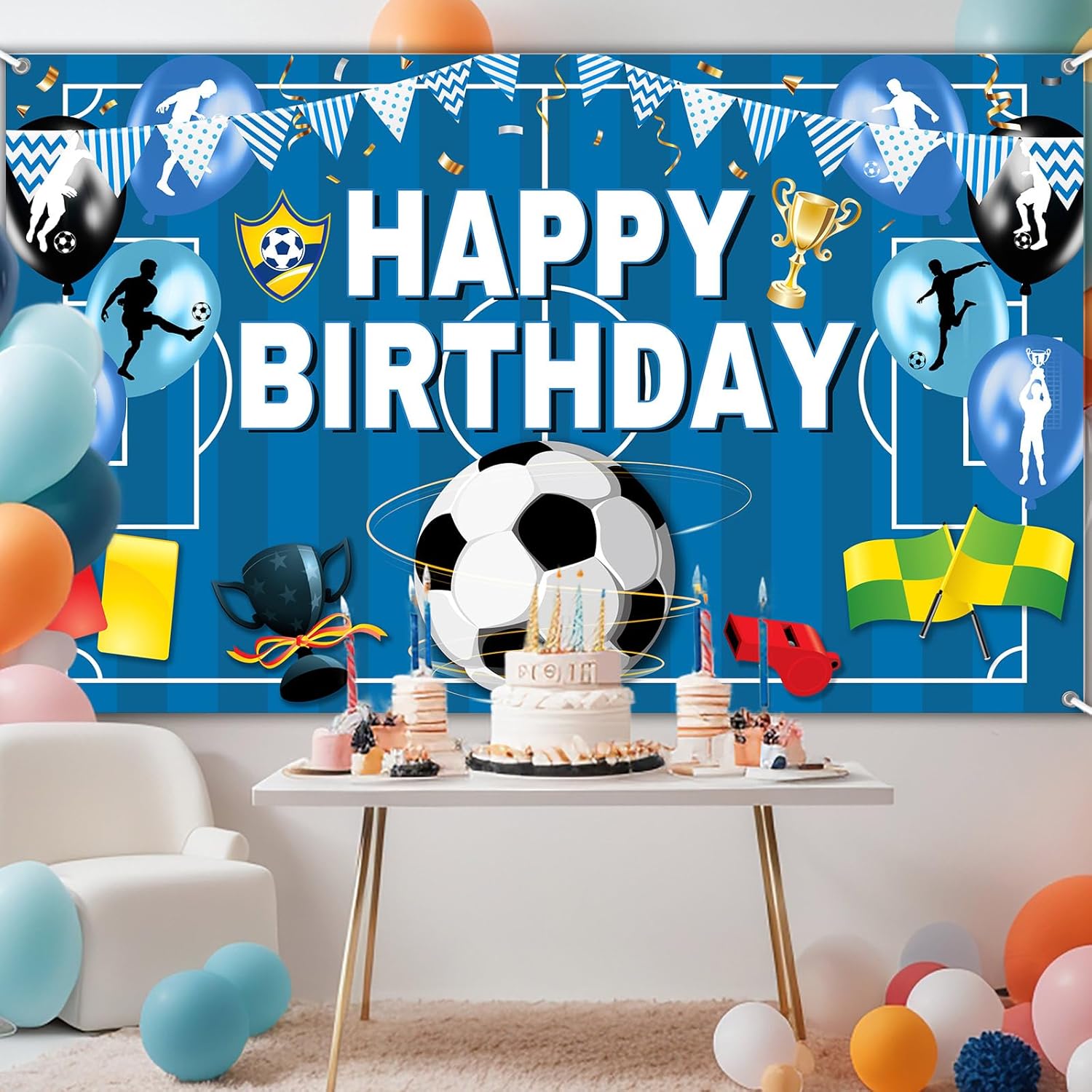 Mocsicka Soccer Birthday Backdrop Football Field Soccer Theme Happy Birthday Banner Party Decorations Photo Booth Props (6x3.6ft) - Image 3