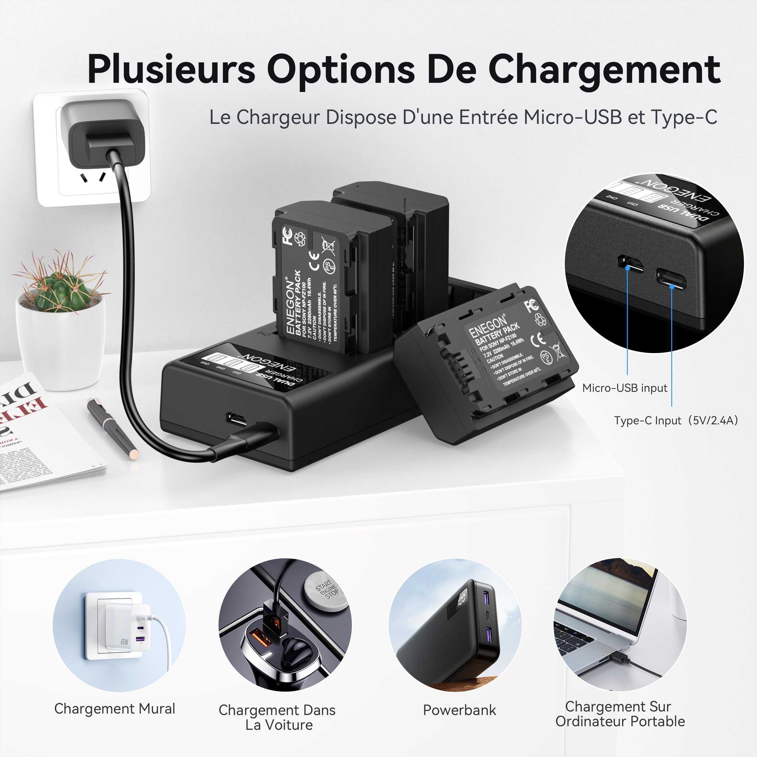 ENEGON Batteries NP-FZ100 (3×2280mAh) avec Chargeur 3 emplacements et écran LCD, compatibles Sony A7III, A7IV, A7C/A7C R, A7R III/IV/V, ZV-E1, FX3, FX30, A1, A6600, A6700, A9/A9 II