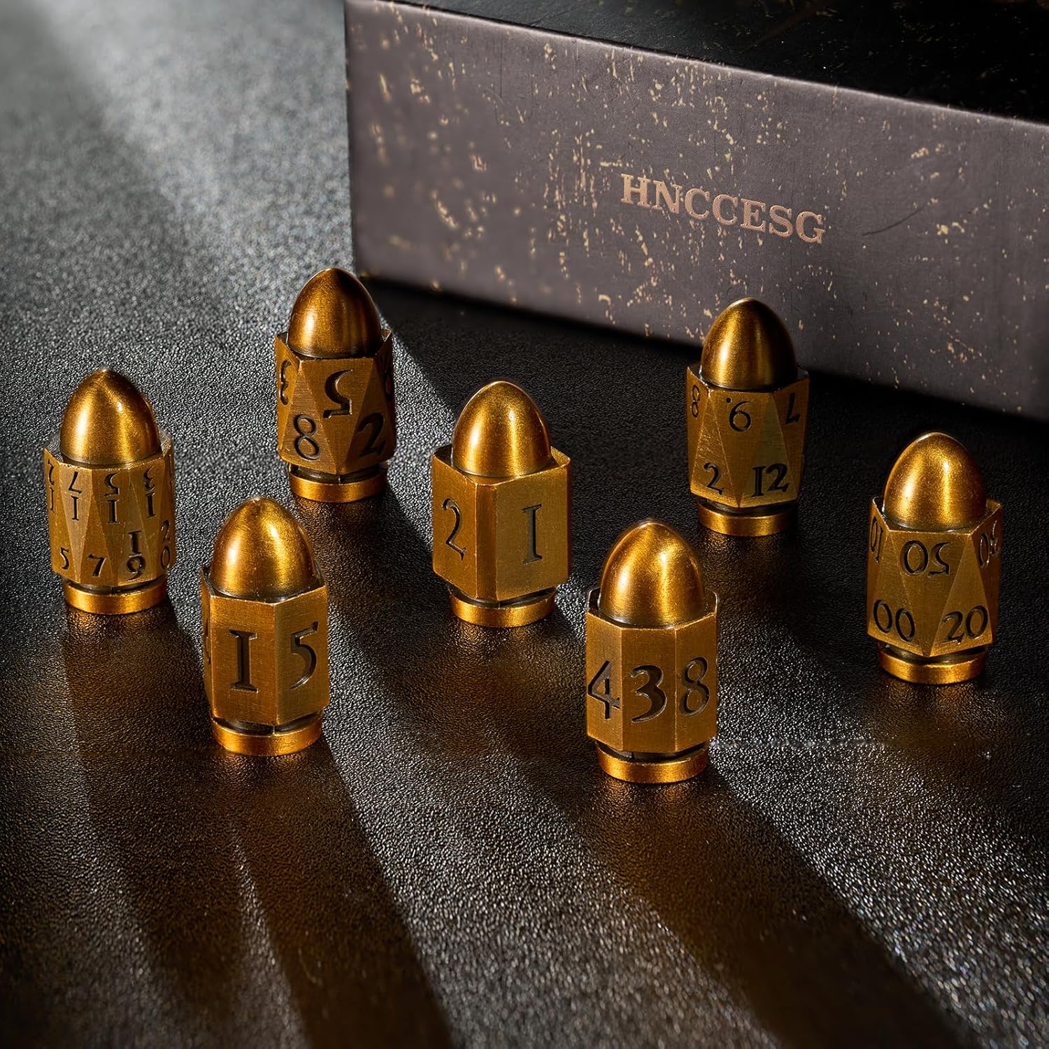 Metal Dice Set of 7, Polyhedral Role Playing Game, Cyberpunk Style, Gradient Antique Gold