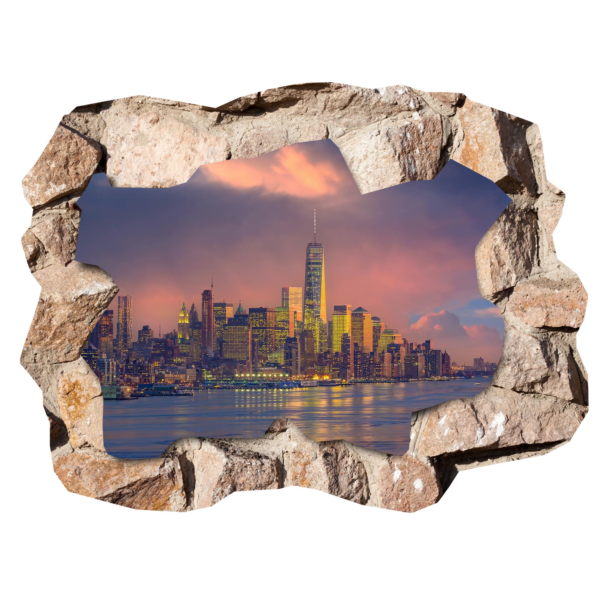 Indigos UG - 3D Optik Wandtattoo - 120x68 cm - Wandaufkleber - New York Skyline - Durchbruch Wanddeko - Steinwand - Landschaft, Ausblick - für Wohnzimmer, Schlafzimmer, Küche, Bad, Kinderzimmer