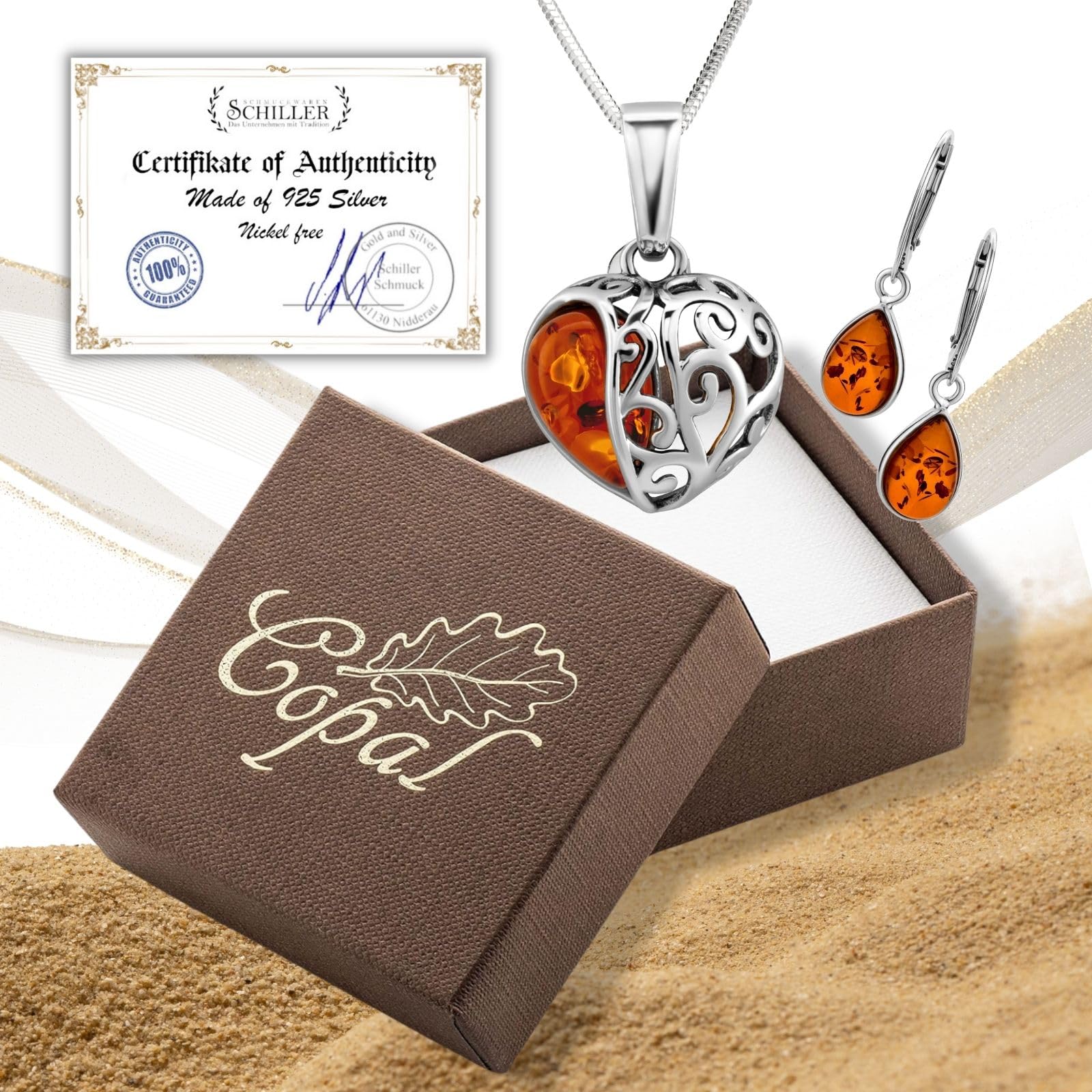 Copal Sterling Silber Schmuckset Mit Bernstein Herz Anhänger Und Ohrringe