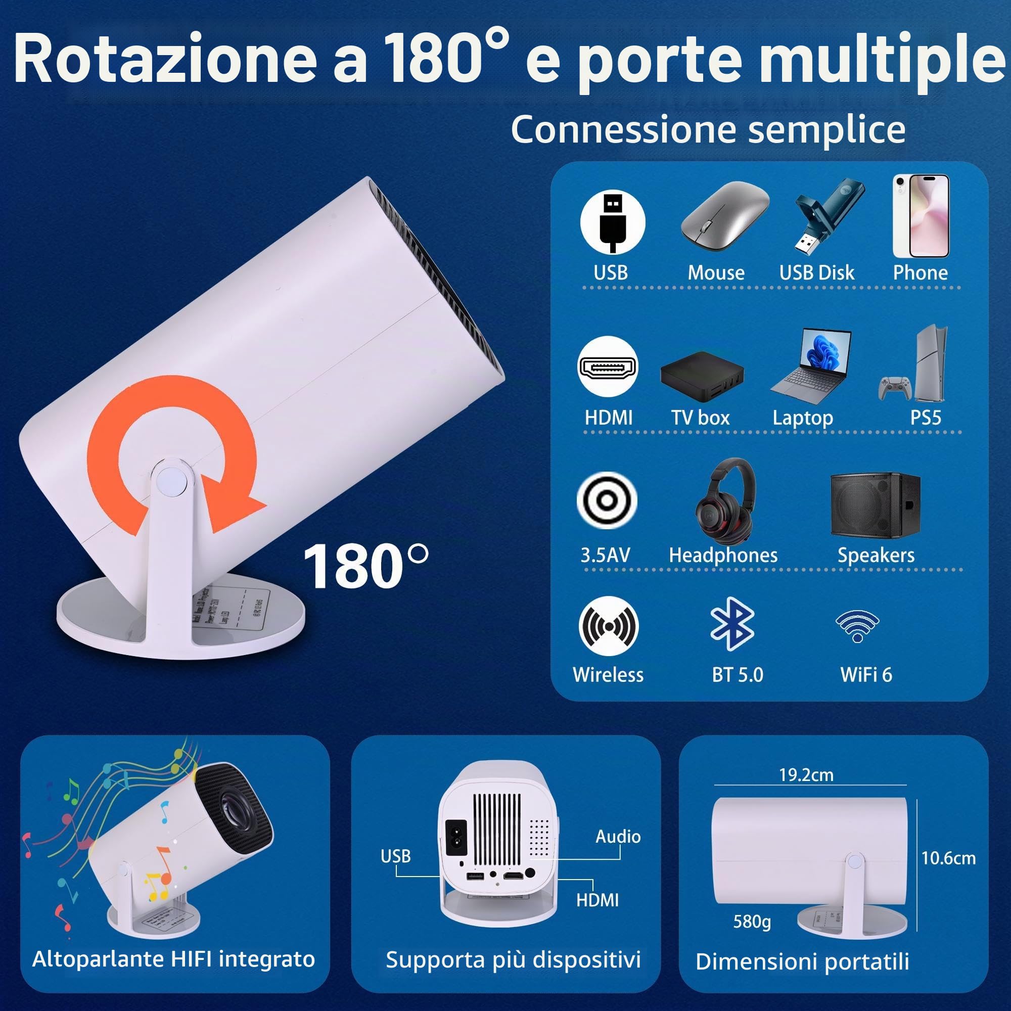 Mini Proiettore 4K Portatile TV Projector per Telefono l'invenzione Video Visione Videoproiettore con Android 11 e Netflix -WiFi 6 Casa Soffitto Film Smart Parete Bluetooth Proyector +Porta Cellulare
