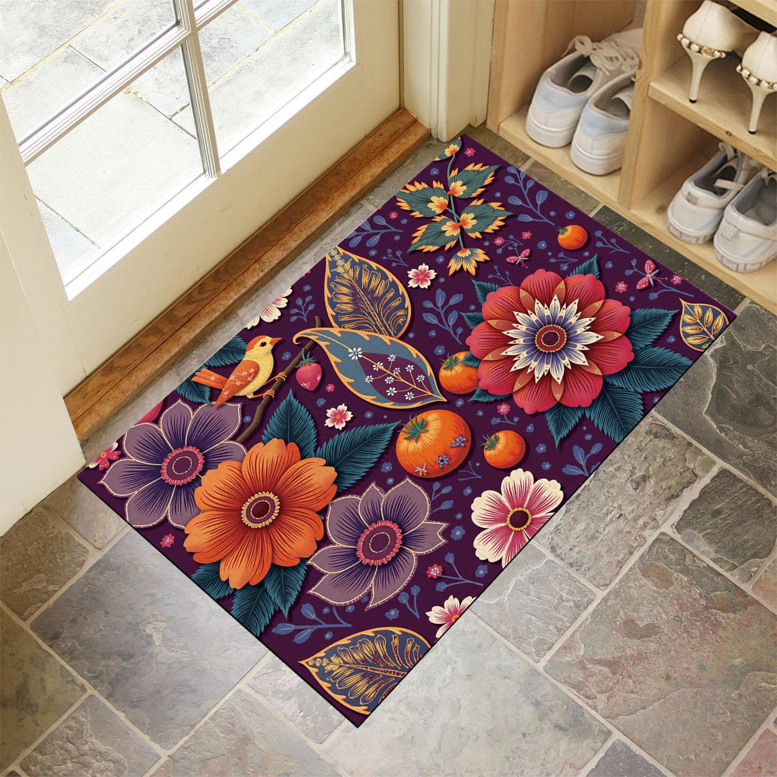 Tapis de porte intérieur extérieur 60 x 90 cm violet foncé avec motif cachemire