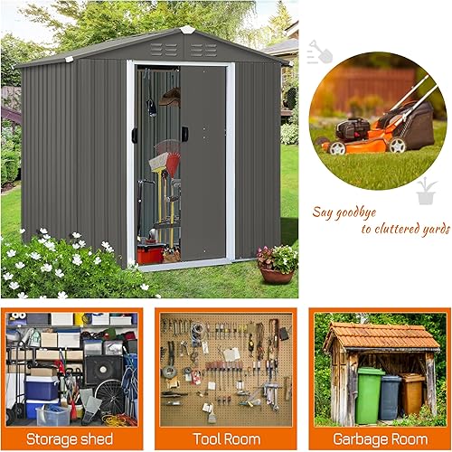 Miniatura 4 de Cobertizo de almacenamiento de 6 x 4 pies, cobertizos de patio trasero y almacenamiento al aire libre con puerta corredera para herramientas,