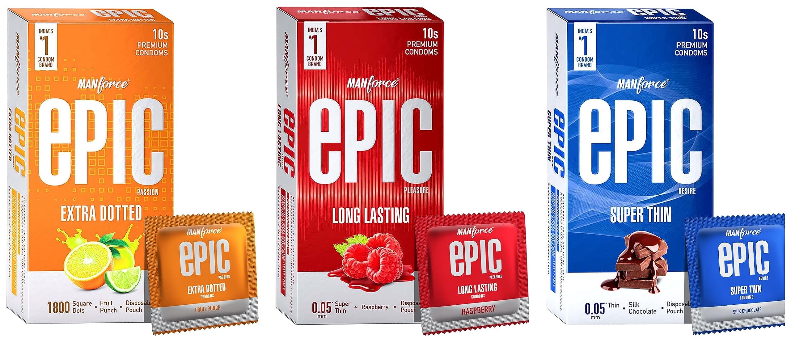 Manforce Epic Premium Condoms Combo (Super Thin Silk Chocolate, Fruit Punch Flavoured & Raspberry Flavoured Condom, With Disposable Pouch) - 3x10s-image-24