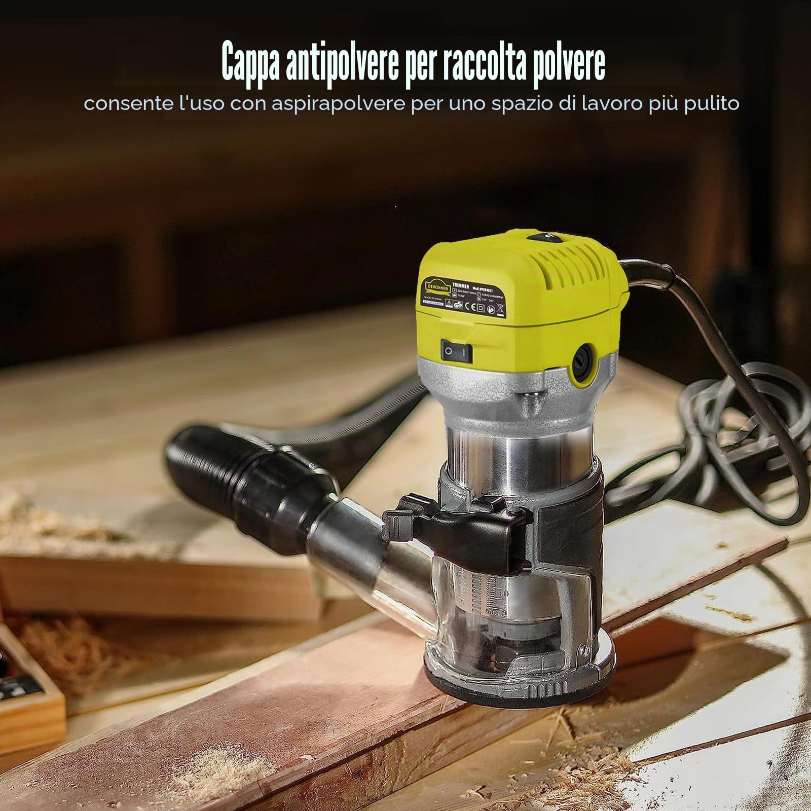Fresatrice Rifilatore, DEWINNER Router di legno elettrico 710W 13000-33000 giri/min, 6 velocità variabili, 3 pinze da 1/4'', 6mm e 8mm, laminatore professionale con accessori