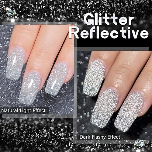 Miniatura 4 de Esmalte de uñas de gel reflectante con brillantina, esmalte de uñas de gel reflectante brillante con diamante brillante (plateado reflectante-001)
