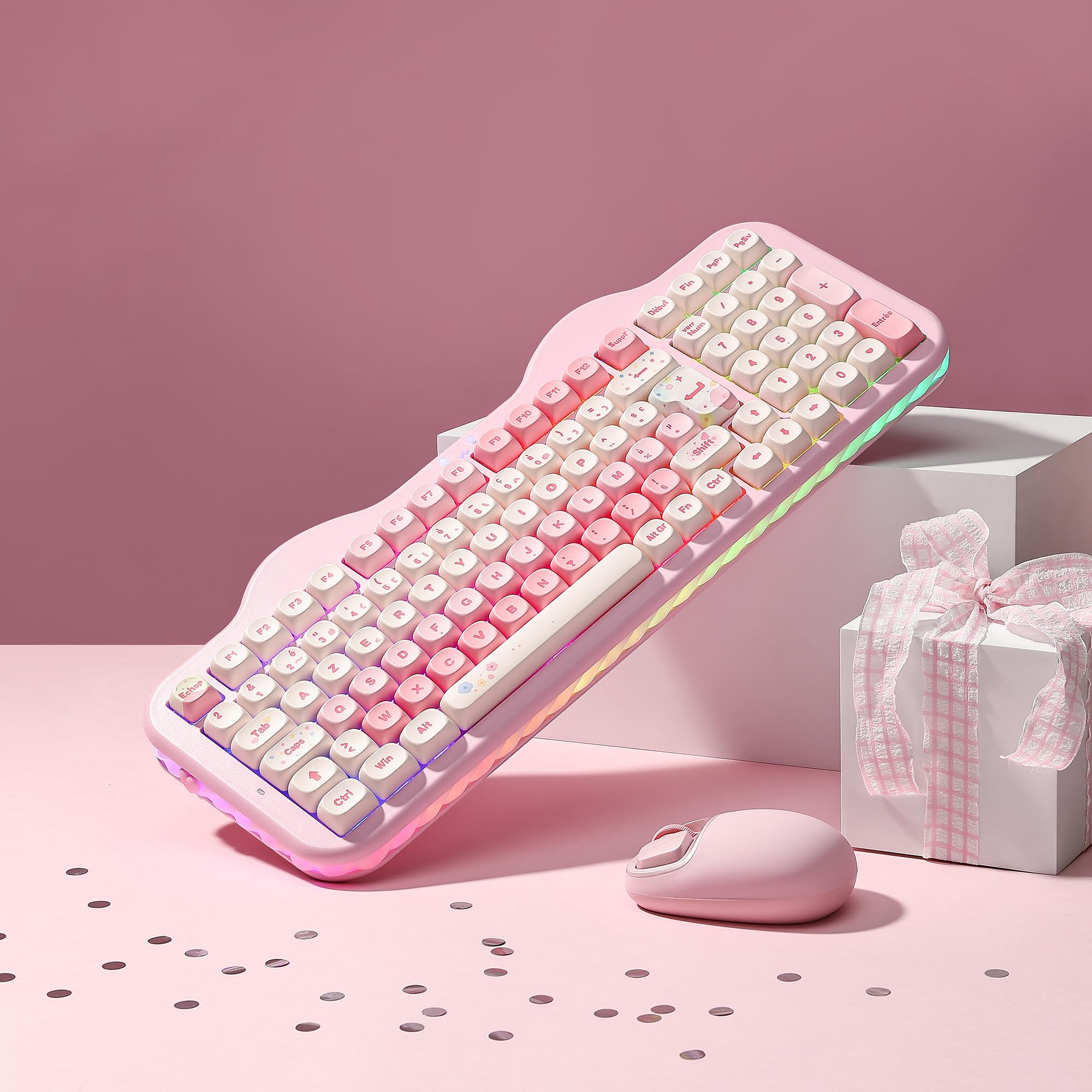 YUNZII C98 AZERTY Clavier Gamer Mécanique sans Fil Gâteaux (Rose, Milk V2)