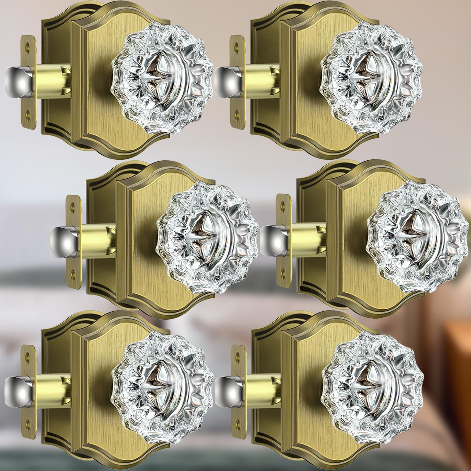 Glass Crystal Door Knobs with Lock, 6 Pack Antique Brass Crystal Door Knobs Interior for Bedroom Bathroom, Privacy Door Knob Set, Vintage Glass Door Knobs Interior