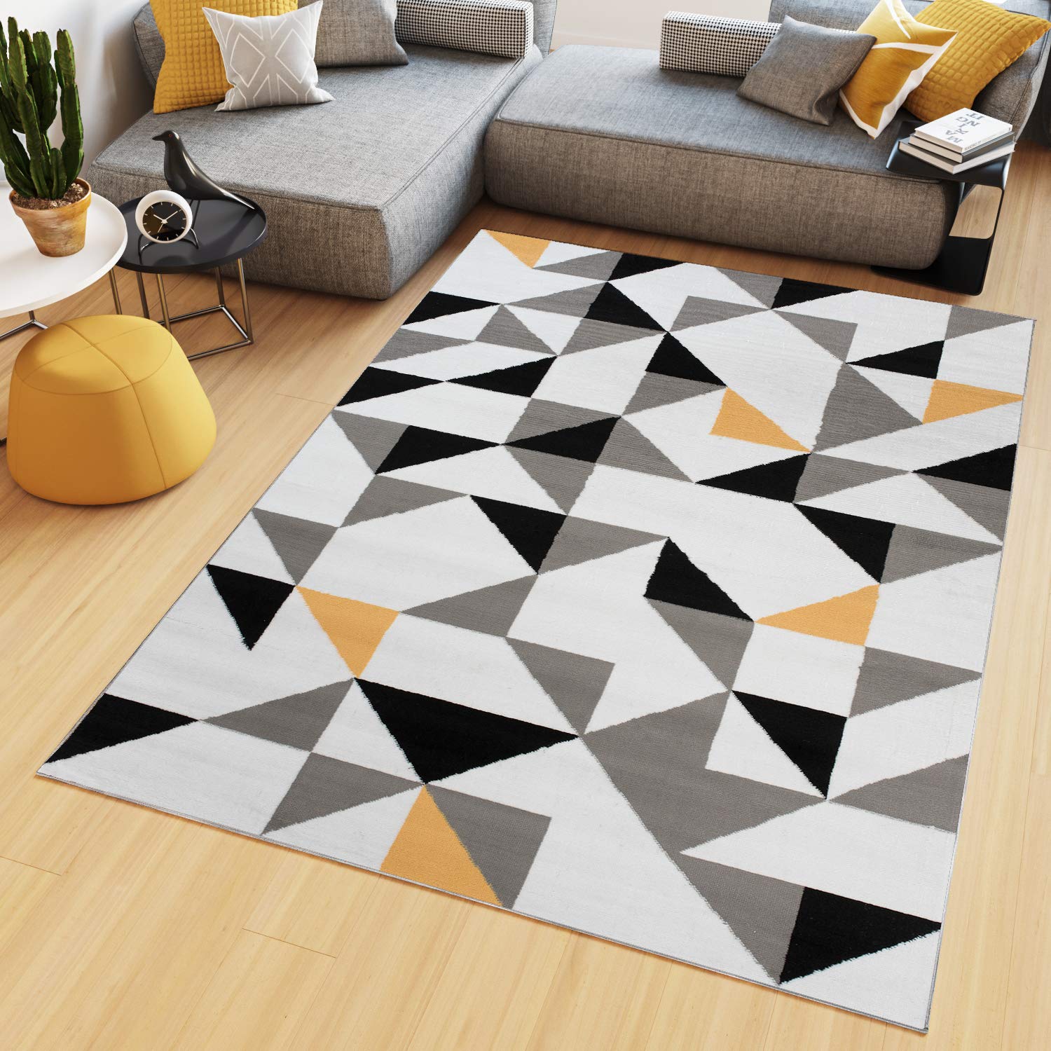 TAPISO Maya kolekcja dywan z krótkim włosiem, do salonu, sypialni, biały, szary, żółty, czarny, nowoczesny, geometryczny, trójkątny, do jadalni, biura, Ökotex 160 x 220 cm
