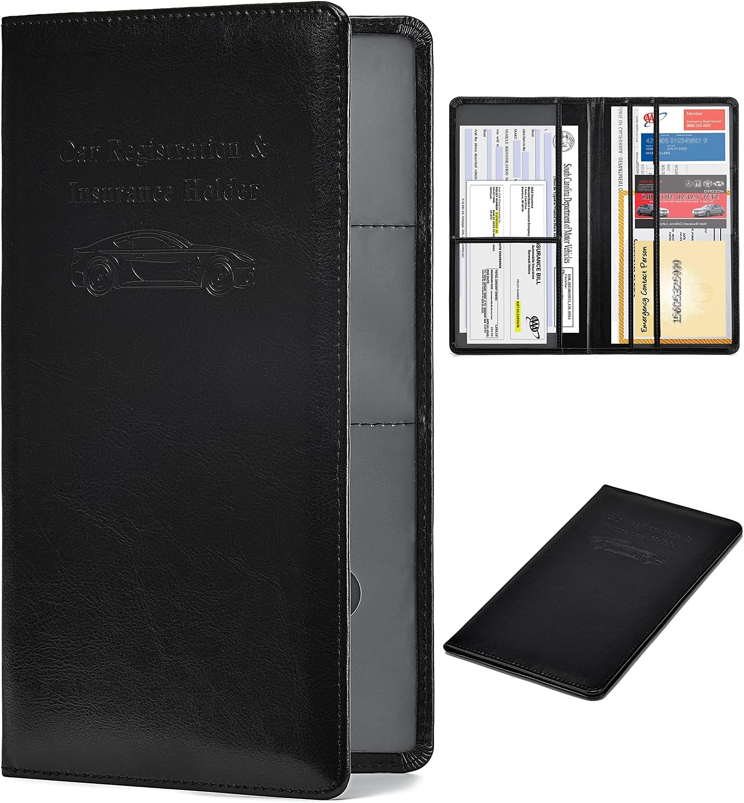 HerriaTCar Registration and Insurance Card Holder - Leather Vehicle Glove Box Automobile Documents Paperwork Wallet Case Organizer for ID, Driver's License, Key Contact Information Cards - Men&Women