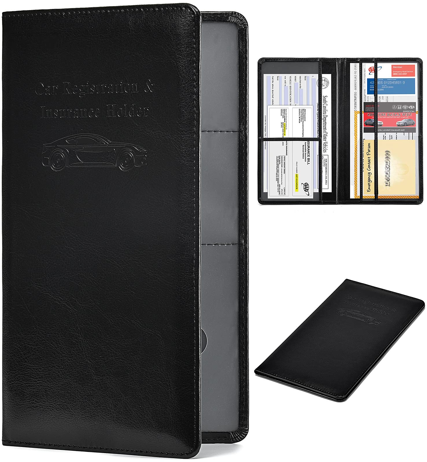 HerriaTCar Registration and Insurance Card Holder - Leather Vehicle Glove Box Automobile Documents Paperwork Wallet Case Organizer for ID, Driver's License, Key Contact Information Cards - Men&Women