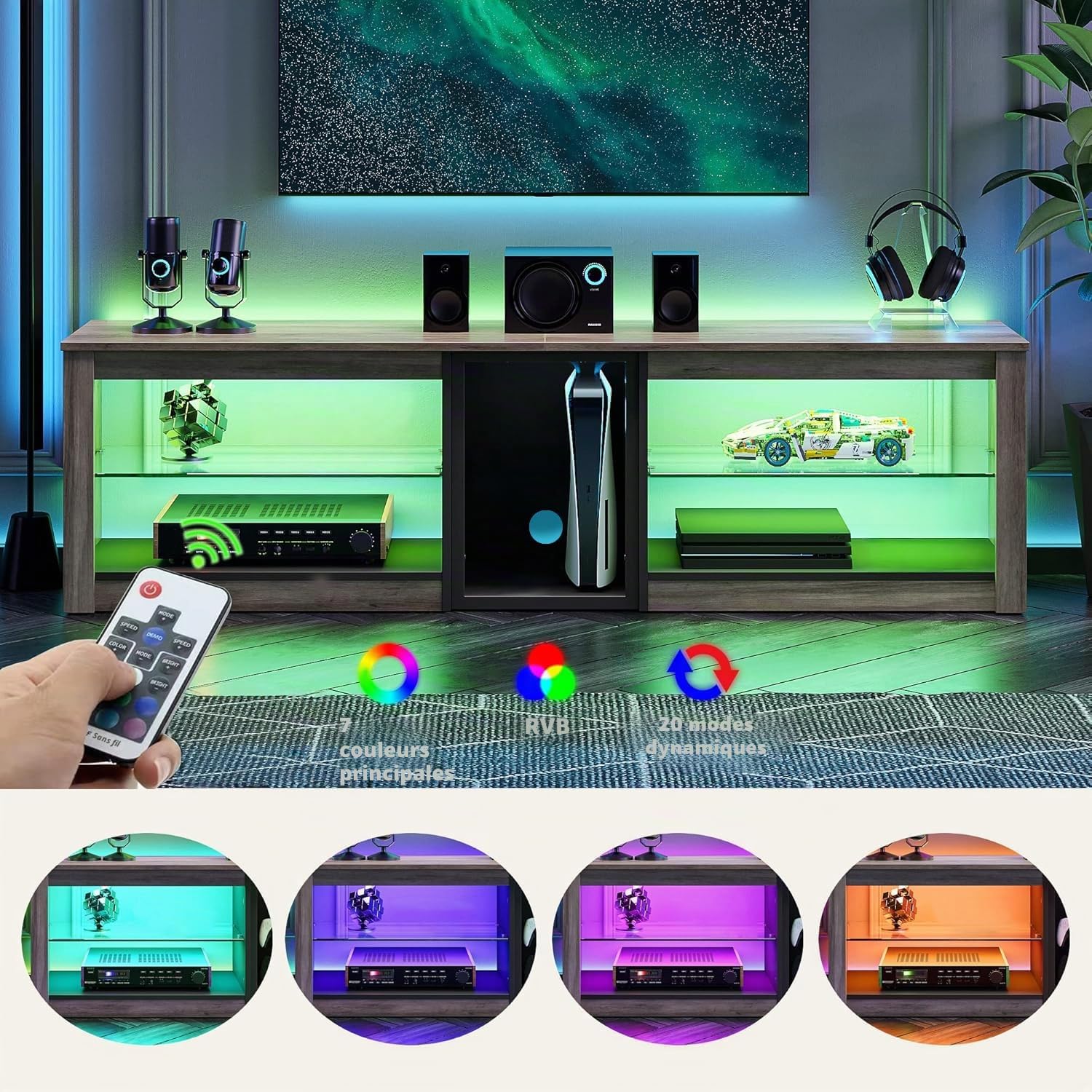 Bestier Meuble TV bas pour téléviseurs 65" et plus petits, 160 x 35 x 52 cm, meuble TV avec lumières LED RVB, table TV avec gestion des câbles intégrée, plateau en verre réglable