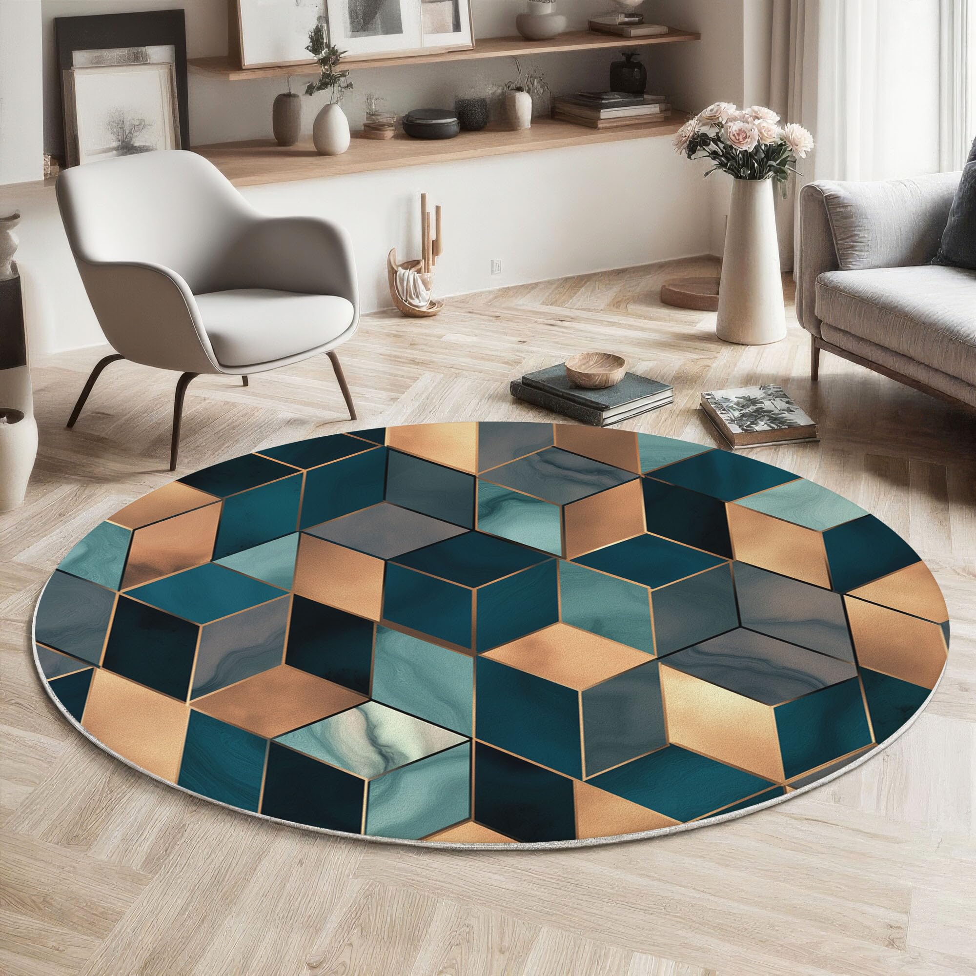Tapis antidérapant lavable 120cm rond à poil bas bleu-vert moderne