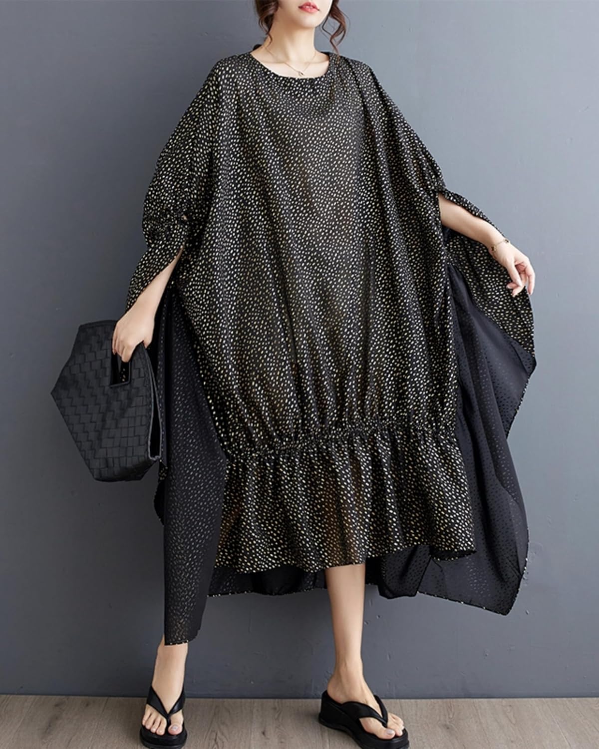 新品タグ付 ella lantern classic blouse ellazhu Women's Batwing Sleeves Polka Dot Crewneck High Low