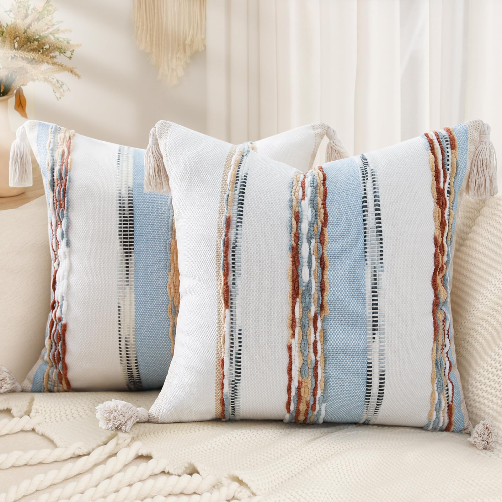 decorUhome Boho Decorative Throw Pillow Covers 18x18 Set of 2, Striped Chenille Tufted Pillow Covers with Tassels for Couch Bed Sofa, Cream White and
