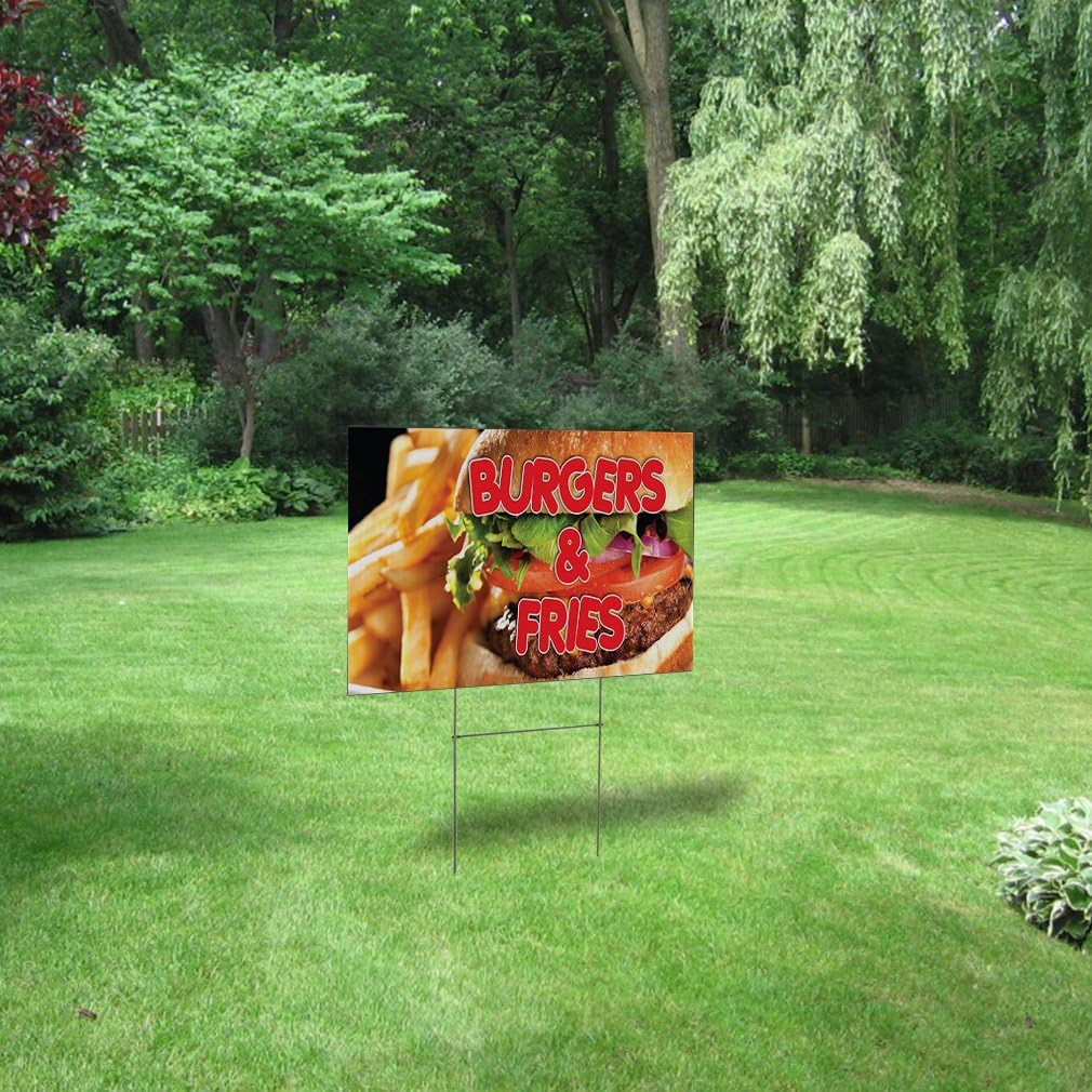 Weatherproof Yard Sign Burgers & Fries Advertising Printing B Golden Lawn Garden Take Out 18x12 Inches 2 Sides Print