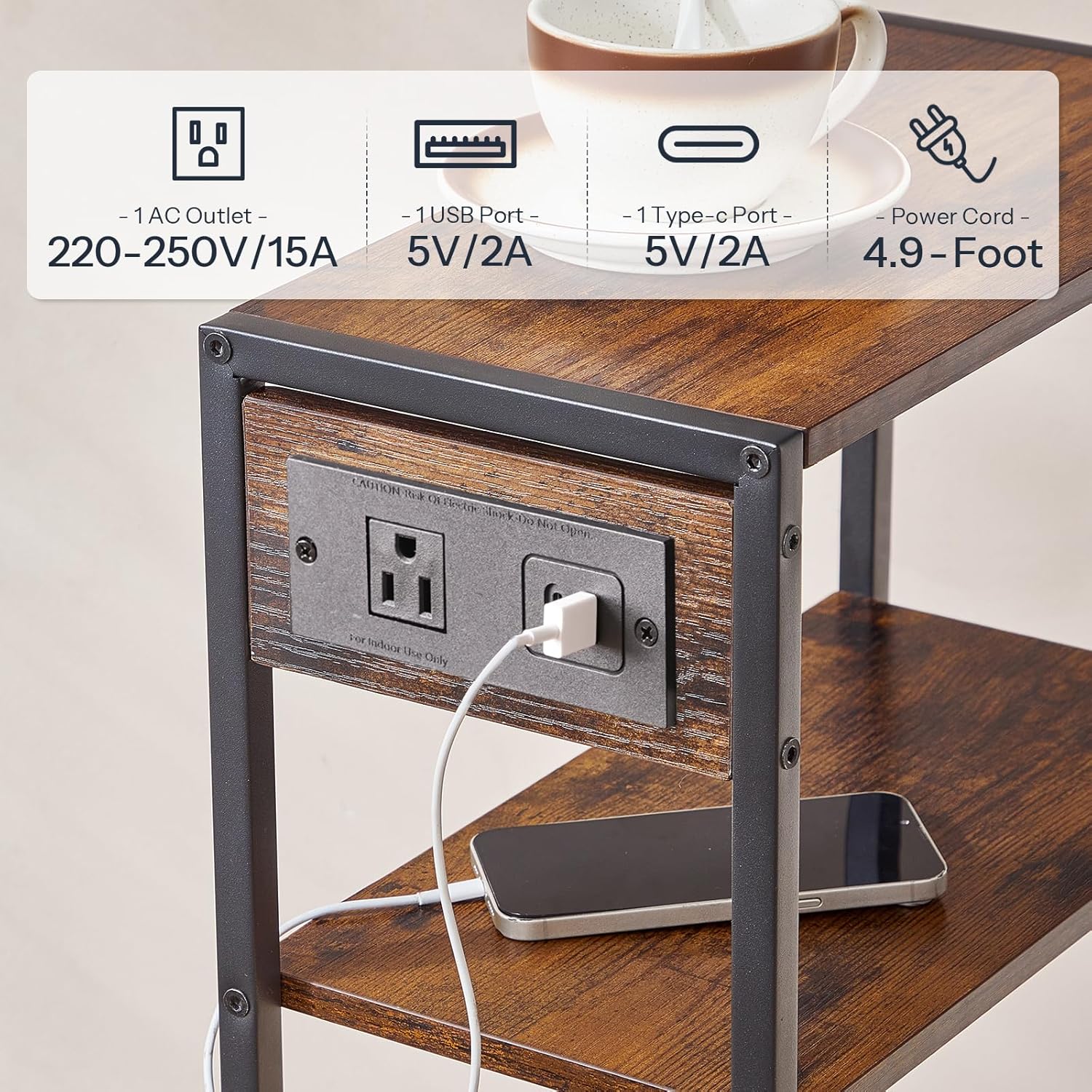 HOOBRO 15.7" Narrow Console Table with Charging Station, 3 Tier Entryway Table for Small Space, Behind Couch Table, Sofa Table, for Entryway, Hallway, Living Room, Rustic Brown and Black BF42UXG01