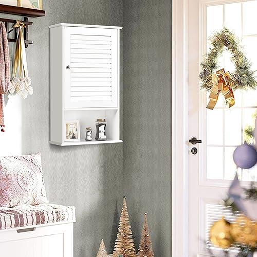 Miniatura 5 de Tangkula Gabinete de medicina, gabinete de baño montado en la pared, gabinete de pared de baño de madera de una sola puerta con estante ajustable