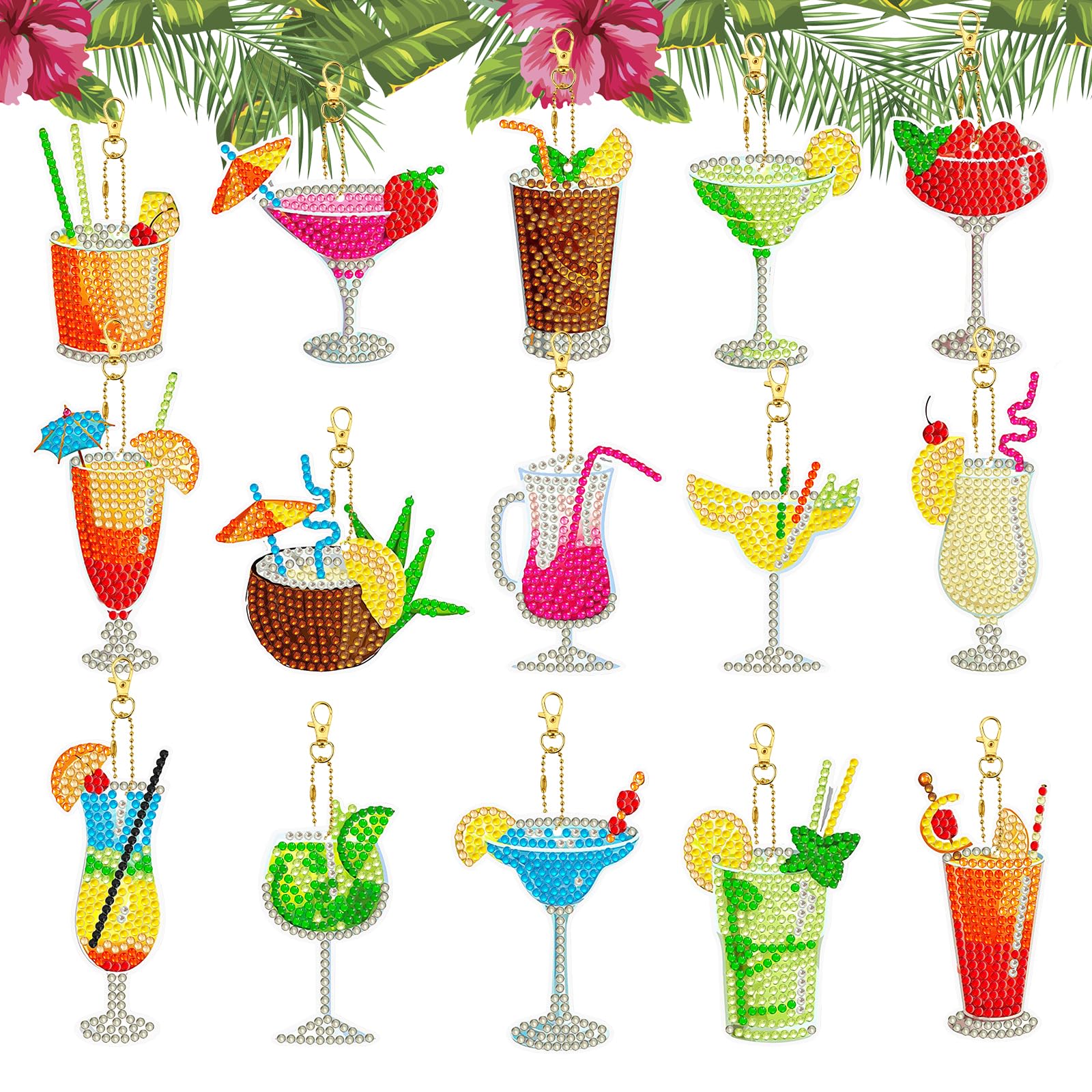 15 Pieces 5D Diamond Painting Keychain Summer Cold Drink Diamond Crystal Rhinestone Painting Pendants Keychains Double Sided Goblet Mosaic Diamond Craft Hanging Diamond Art Kits for Key Case Purse Bag