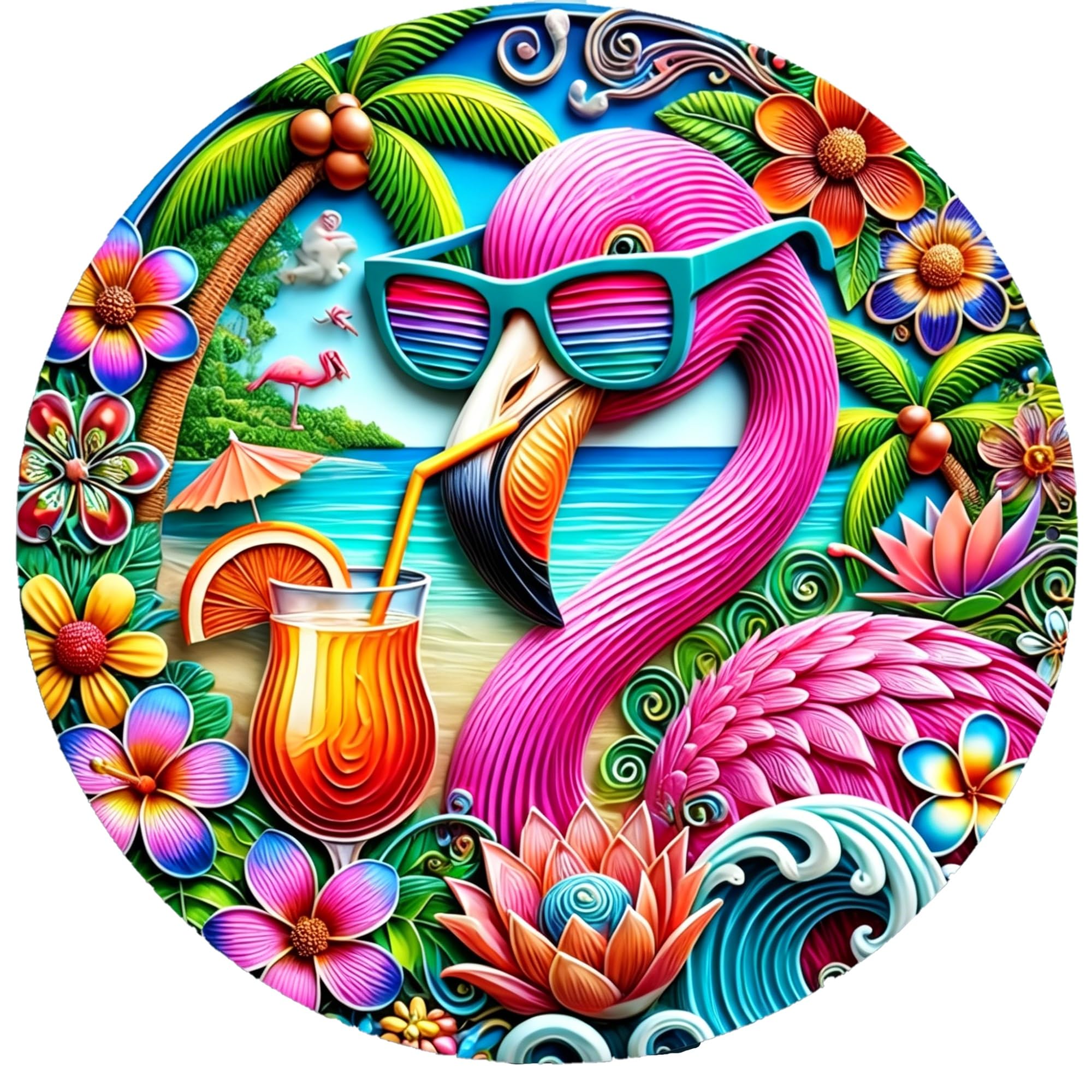Retro Round Tin Sign, 20x20cm Circular Metal Wall Art Plaque, Vintage Decorative Iron Poster for Home Kitchen Bar Cafe Pub Club, Rustic Wall Decor，Flamingo