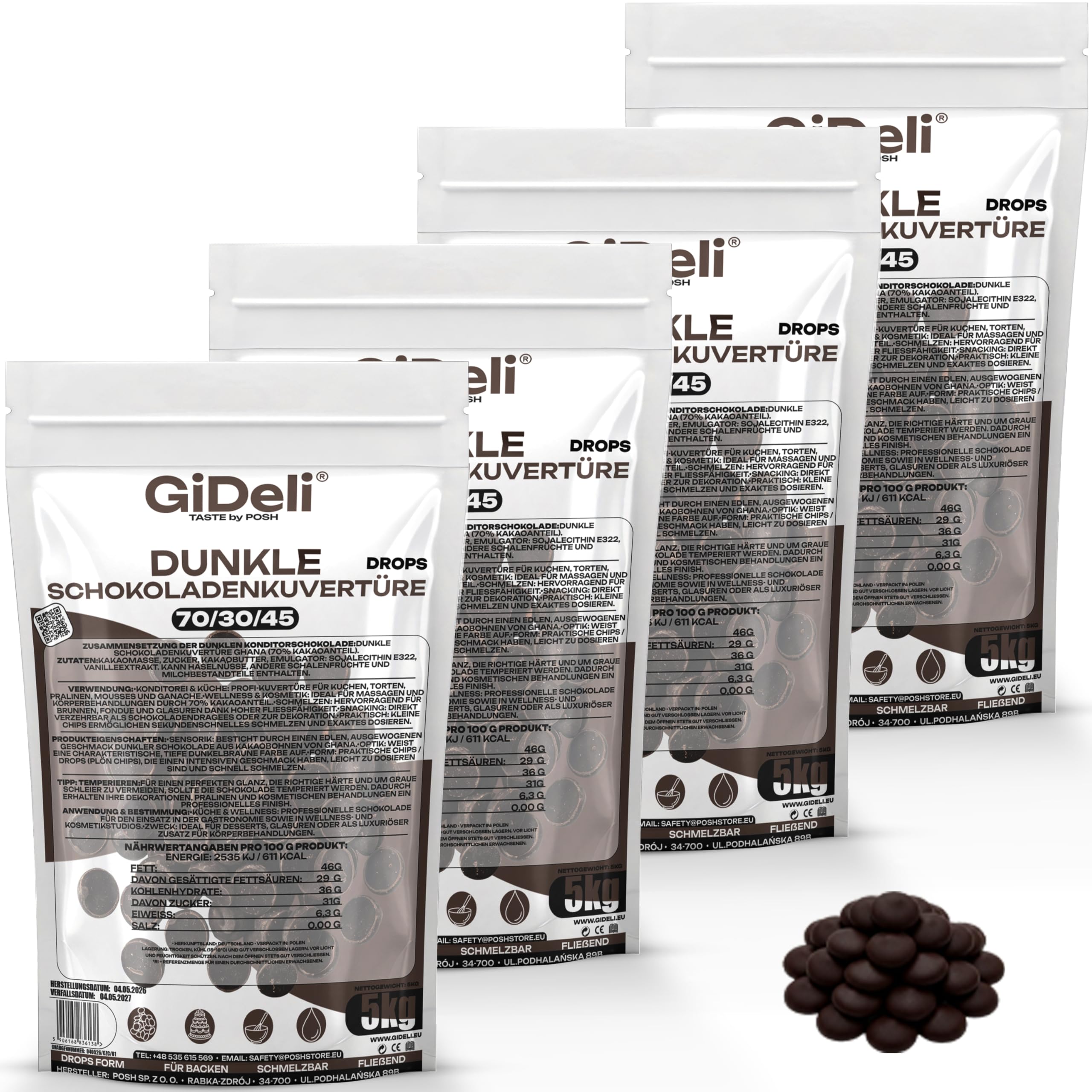 GiDeli Dunkle Schokoladenkuvertüre 70% Drops 4x5kg - Professionelle Zartbitterschokolade zum Temperieren - Kakao aus Ghana - Fließfähigkeit 45 - Ideal für Torten, Pralinen & Ganache