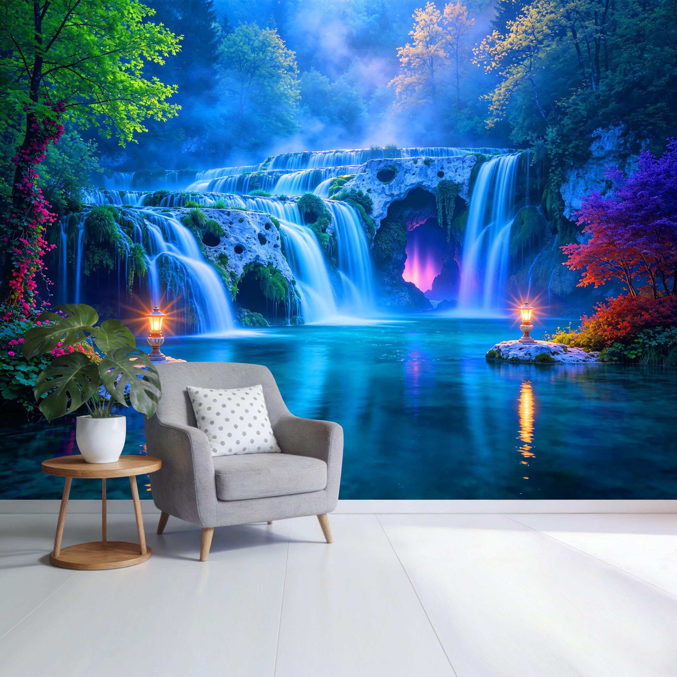 Custom Size Wall Mural Magical Glowing Waterfall Forest Landscape 3D Trompe L'Oeil Removable Self Adhesive Fabric， Home Wall Decor for Living Room Bedroom Bathroom