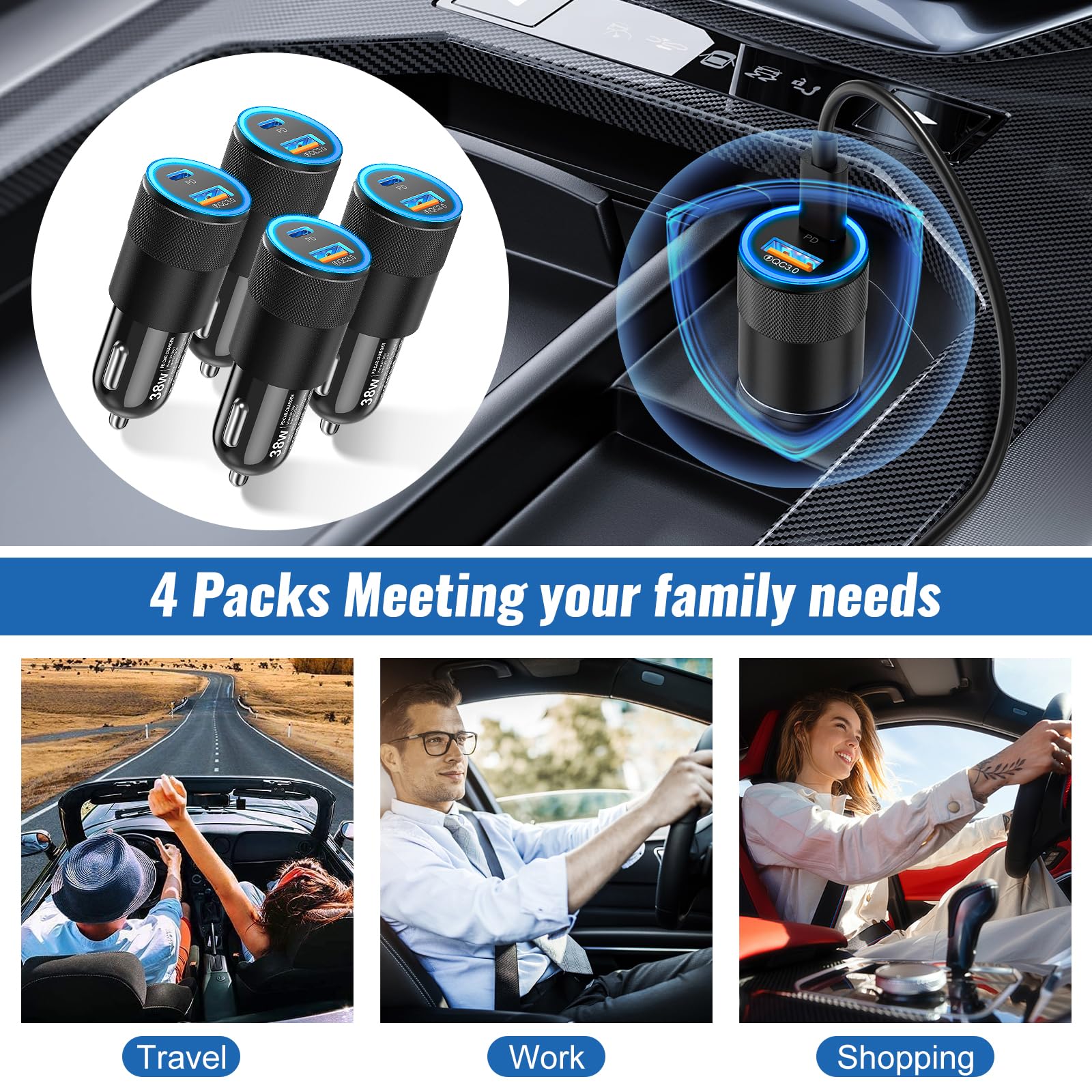 2Pack 38W USB C Caricabatteria da auto ricarica rapida | Adattatore accendisigari, Dual USBC & USB-A Caricabatteria da auto, Multi Port QC 3.0 Cargador Para Carro, Presa USB 12v