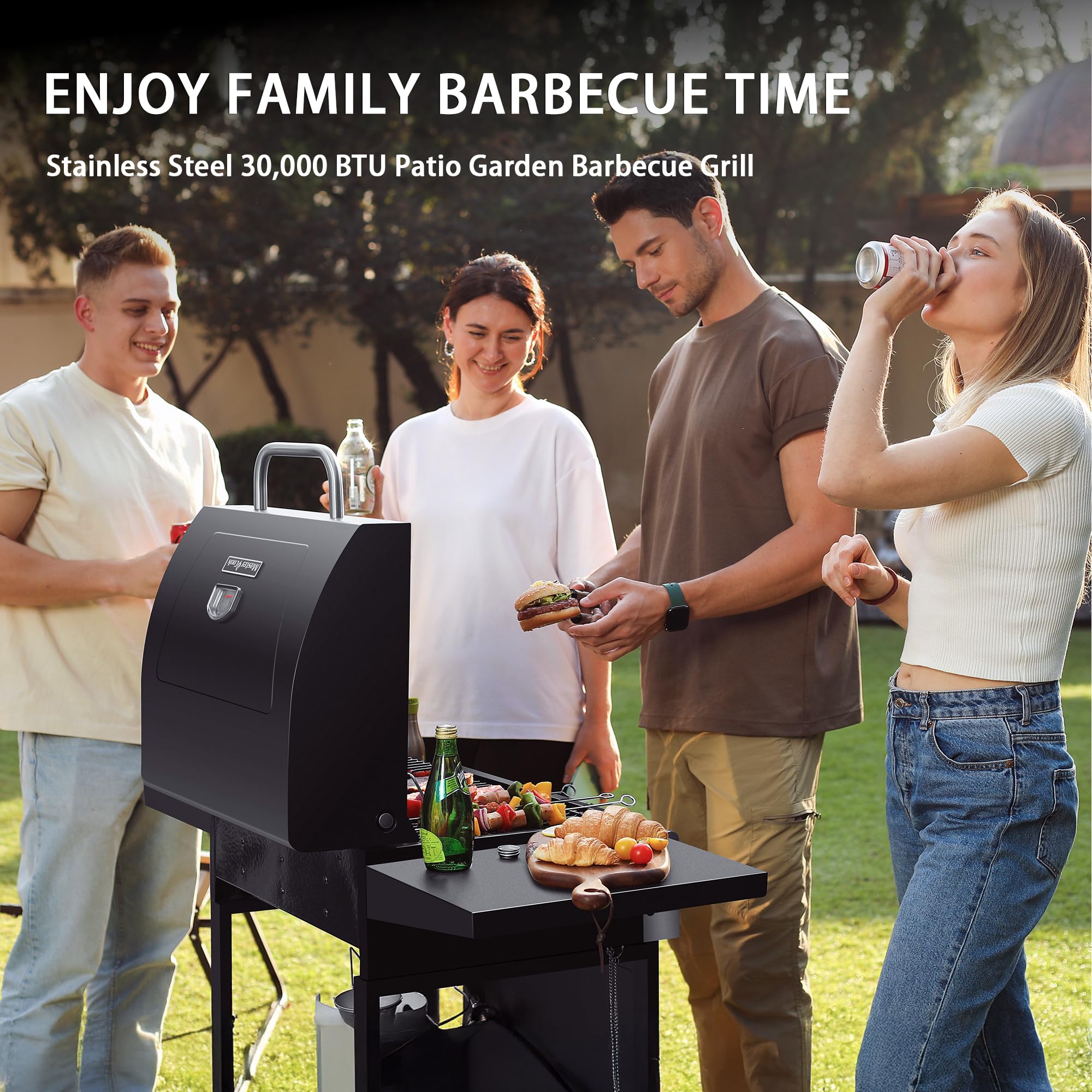 MASTER COOK - Barbacoa de 3 quemadores de gas propano, acero inoxidable de 30 000 BTU con dos estantes plegables, parrilla barbacoa para patio o jardín