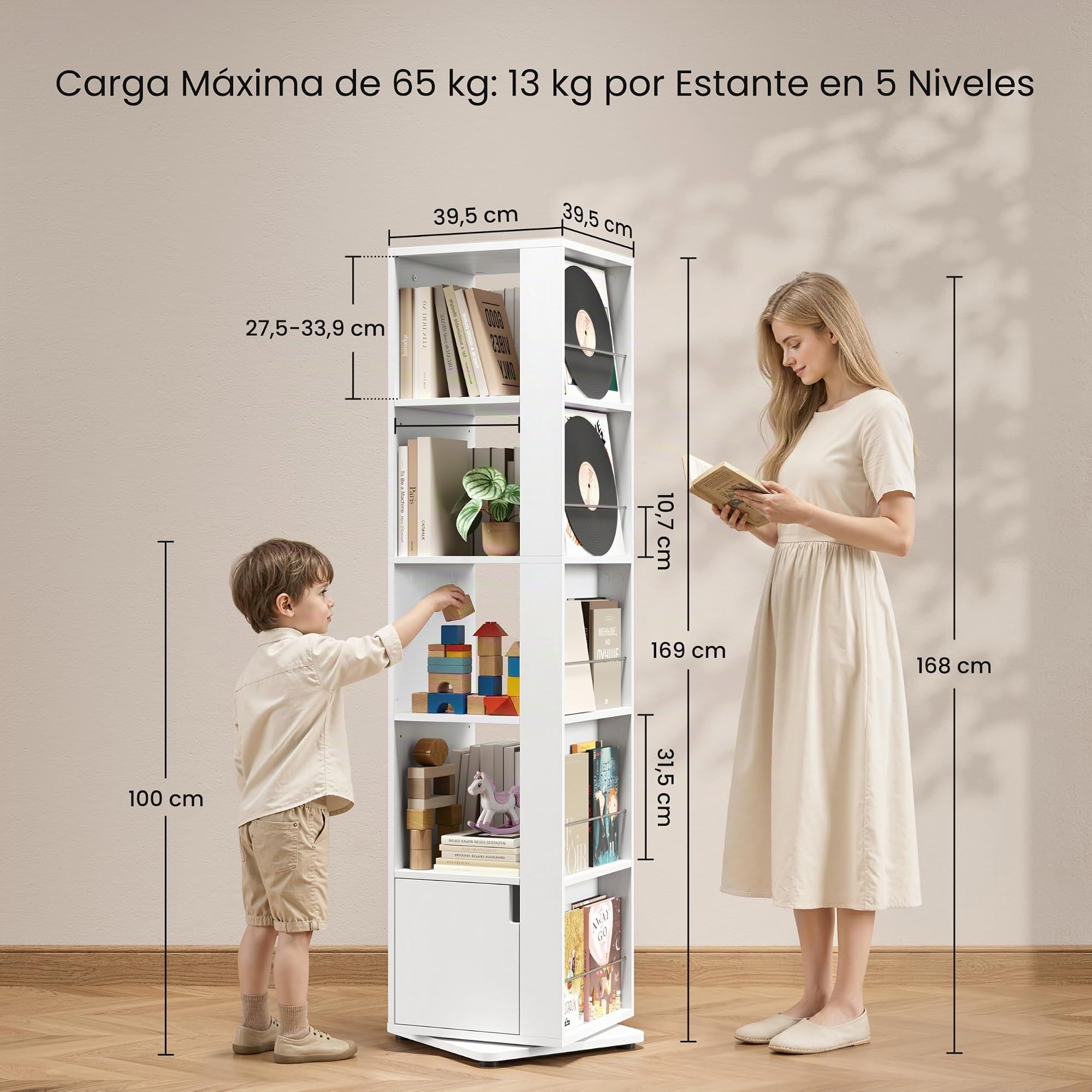 Yaheetech Estantería para Libros Giratoria de 360° de 5 Niveles Blanco | Librería Esquinera con Estante Ajustable Compartimentos Abiertos y Cerrados para Espacios Reducidos