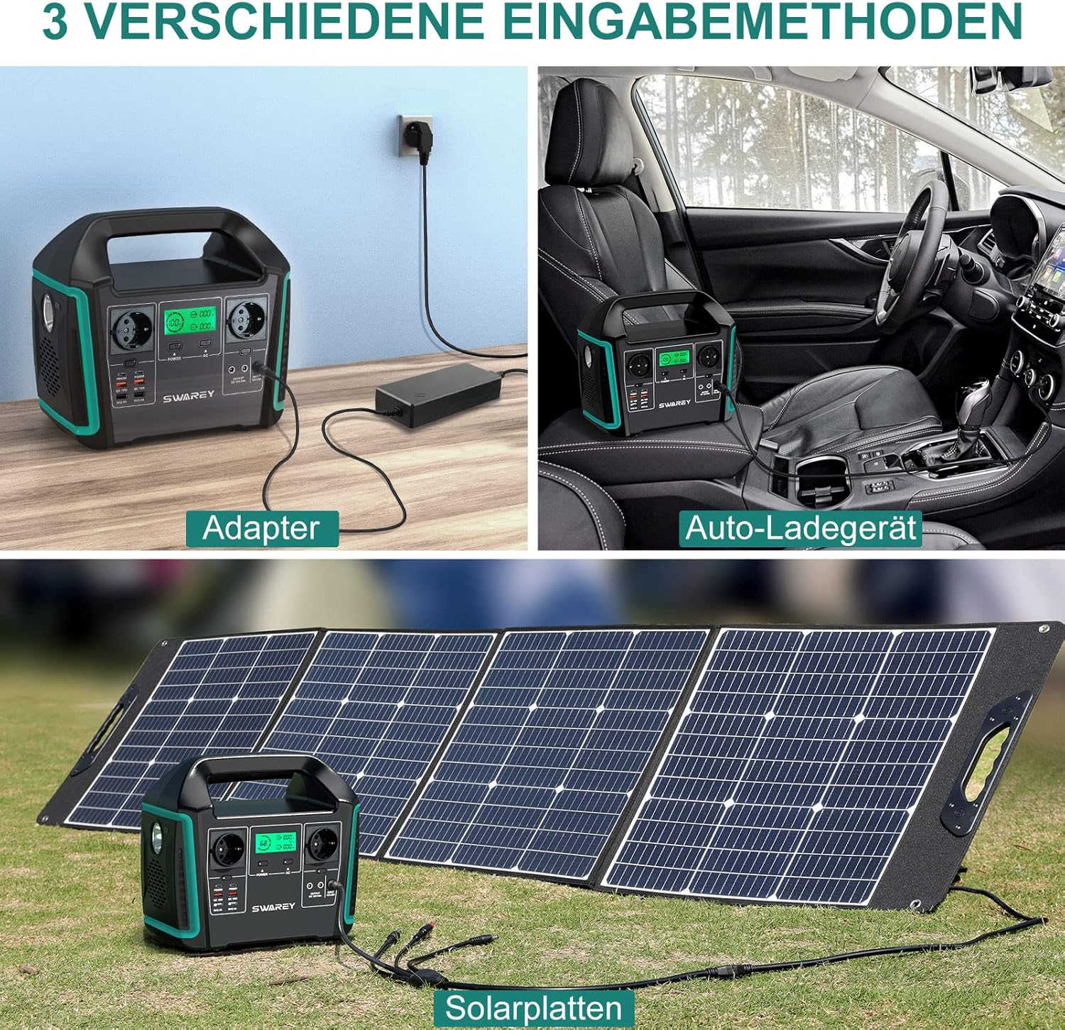 Three methods of charging the SWAREY S1000 Power Station: AC adapter, car charger, and solar panels