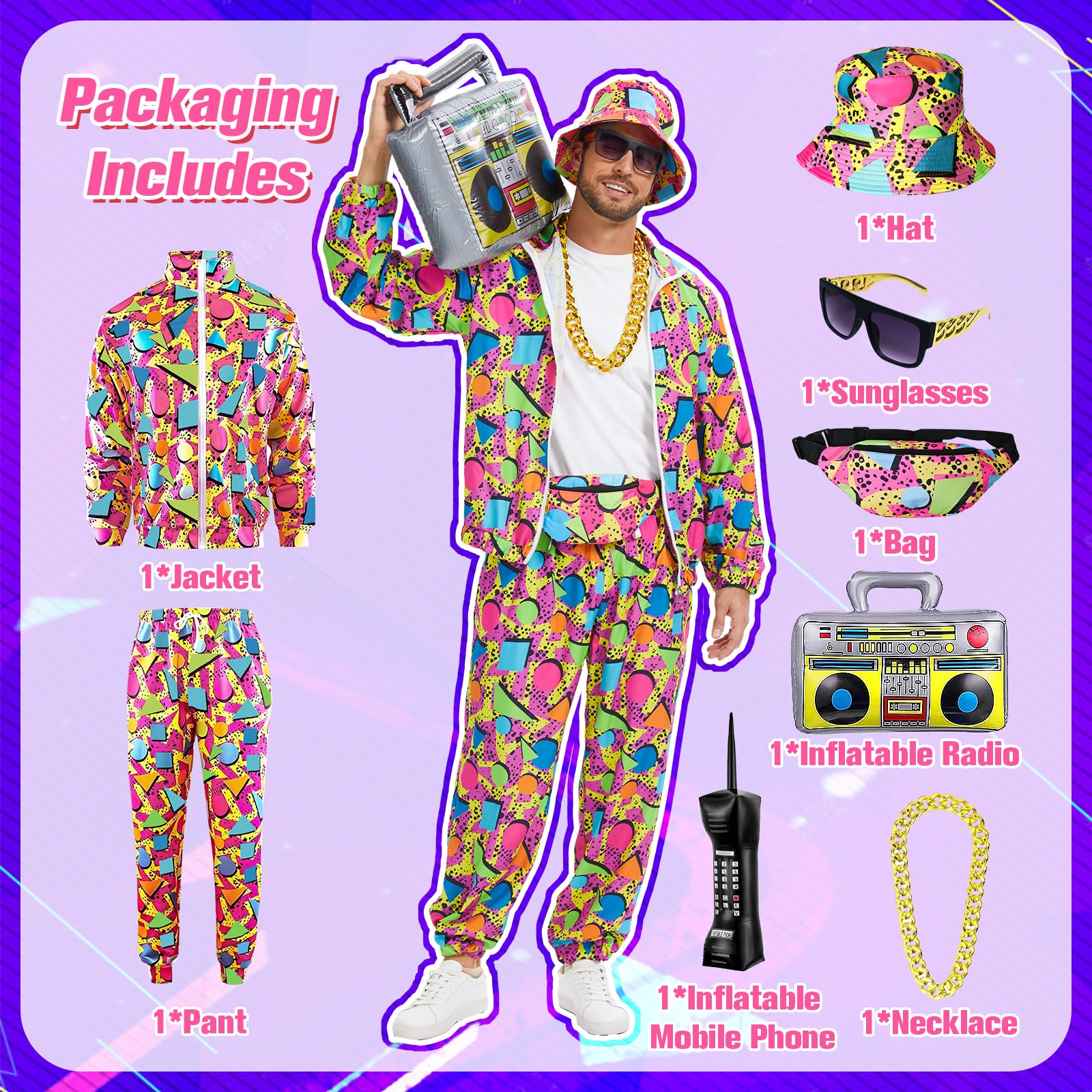 Disfraz de los años 80 para hombre, traje de entrenamiento retro de los años 90, ropa de calle, hip-hop, disfraz de carnaval, chaqueta y pantalones, disfraces de carnaval
