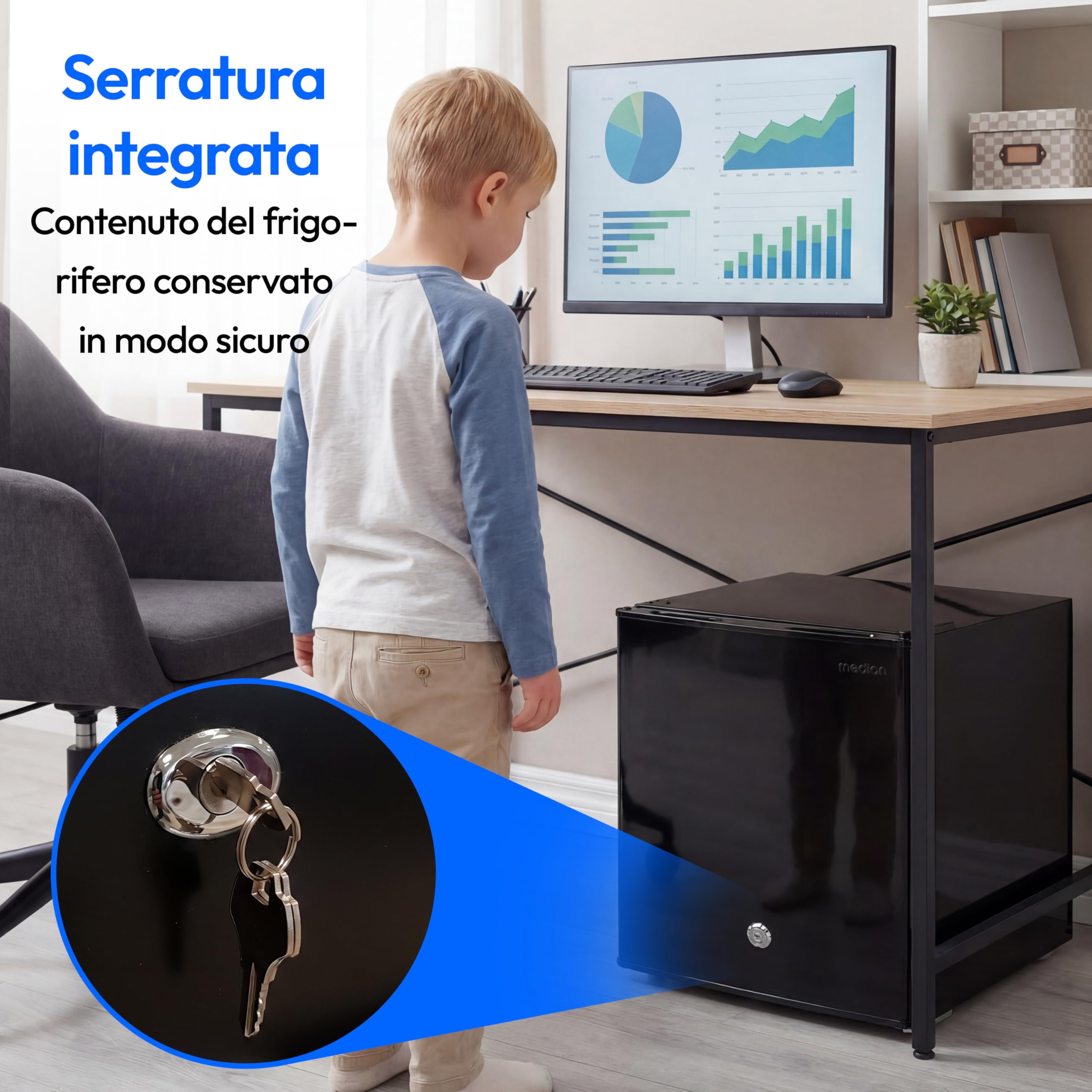 MEDION Mini frigorifero con serratura e vano freezer 42 L, silenzioso piccolo frigorifero per ufficio hotel minibar campeggio gaming, bevande alimenti ghiaccio, porta reversibile, MD 370001 nero