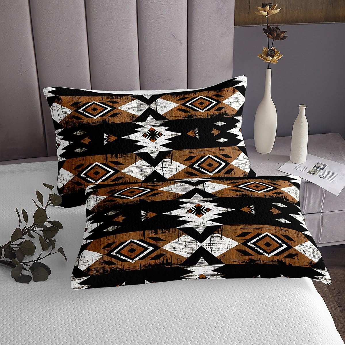jejeloiu Western Bedspread Quilts Southwestern Aztec Coverlet Set Twin Size for Kids Boys Girls Rodeo Cowboy Style Quilted Coverlet for All Season with 1 Pillowcase Rustic Farmhouse Brown Black White