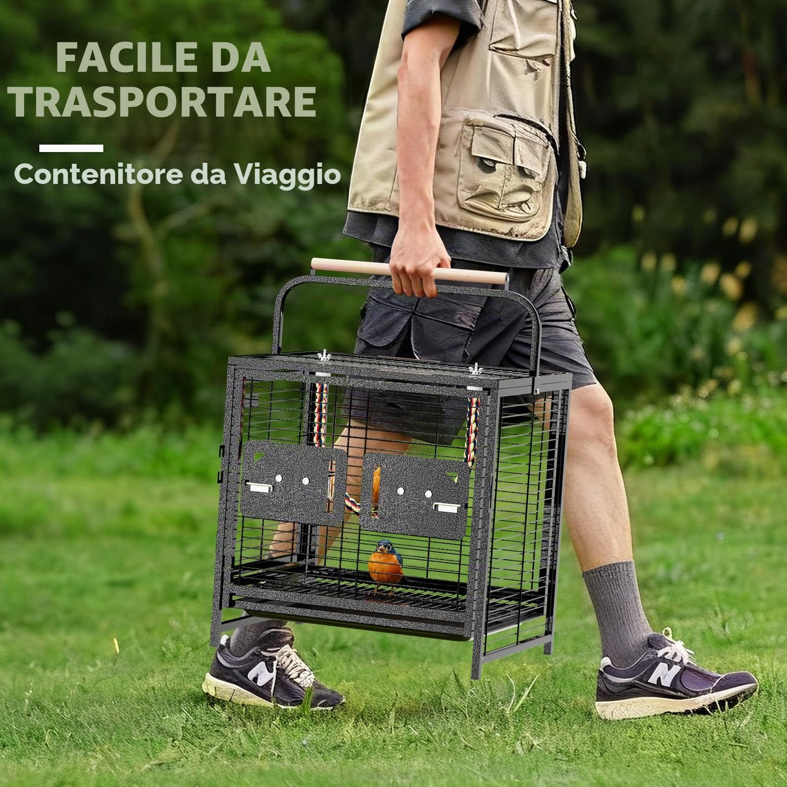 LEADZM Gabbia per uccelli per pappagalli, portatile, con manico in legno, robusta gabbia in ferro con vasca rimovibile, 65 x 48 x 37 cm