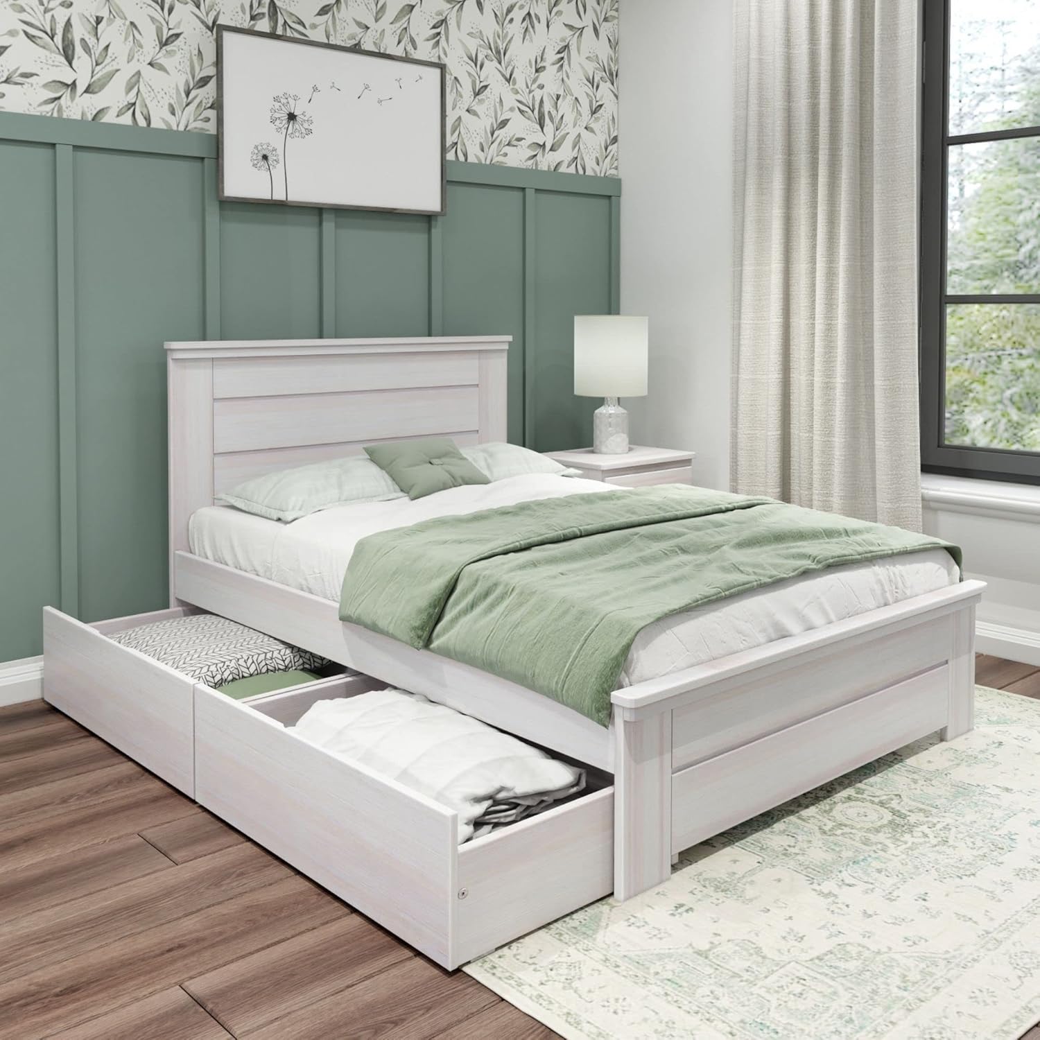 Max & Lily Modern Farmhouse Queen Bed with Panel Headboard, Solid New Zealand Pine Wood Platform Bed, Barnwood Brown Finish