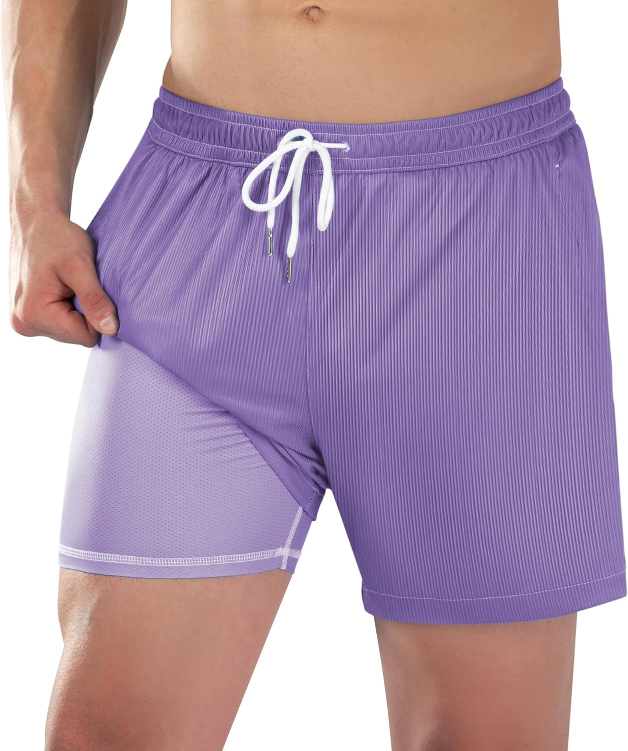 Mens Swim Trunks with Compression Liner 5 inch Textured Ribbed 4 Way Stretch Mens Bathing Suits Beach Short Swimsuit